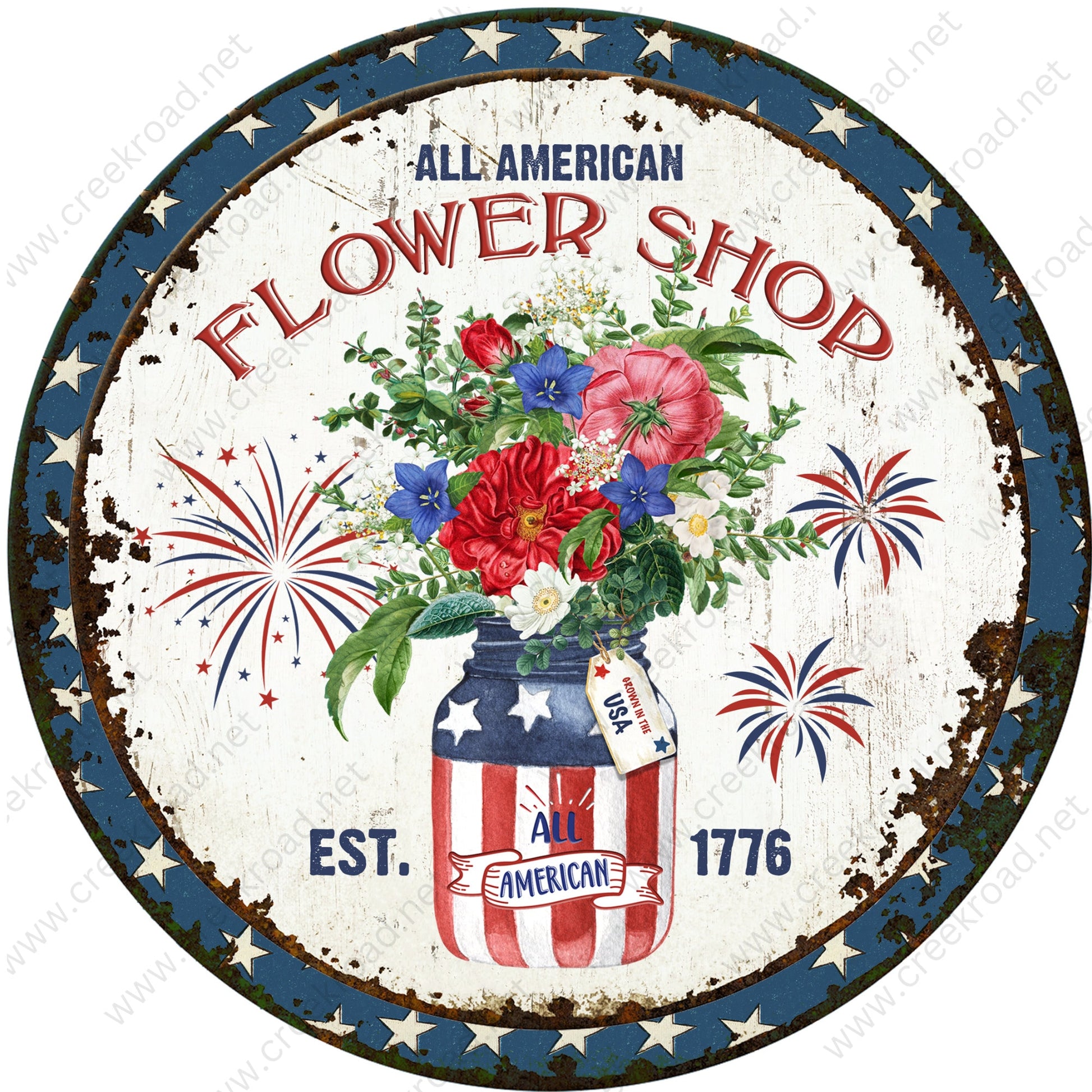 All American Flower Shop Established 1776 Patriotic Vintage Distressed Wreath Sign-Round-Sublimation-Aluminum-Attachment-Decor