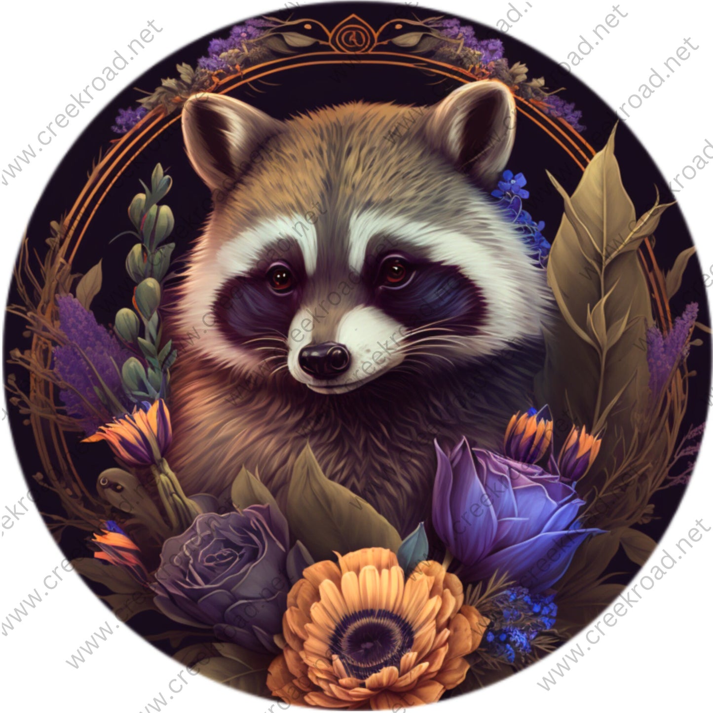 Young Racoon with Purple Orange Flowers on Black Background Wreath Sign-Round-Sublimation-Aluminum-Attachment-Decor