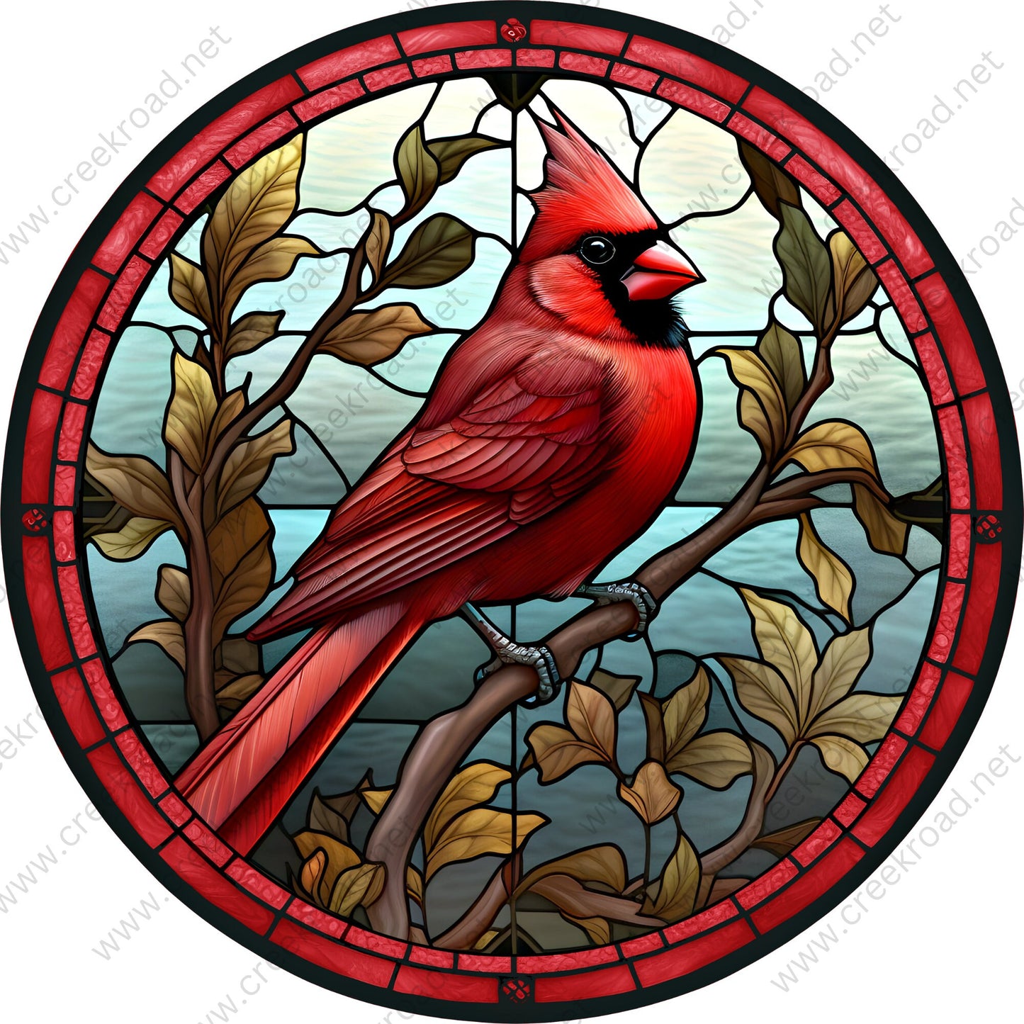 Vibrant Red Cardinal on Limb Faux Stained Glass Wreath Sign-Round-Sublimation-Aluminum-Attachment-Decor