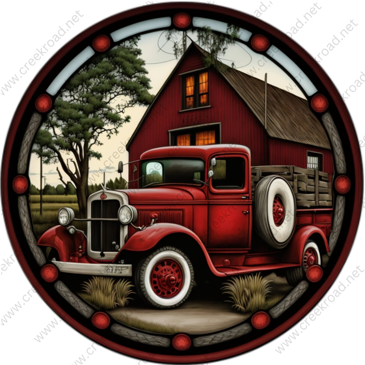 Antique Red Farm Truck on the Farm Wreath Sign-Round-Sublimation-Aluminum-Attachment-Decor