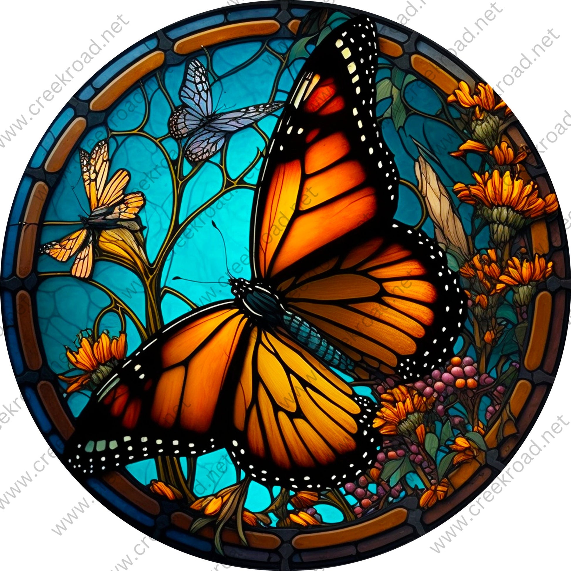 Vibrant Orange Monarch Butterfly Teal Background Faux Stained Glass Wreath Sign-Everyday-Wreath Sign-Sublimation Sign-Wreath Attachment