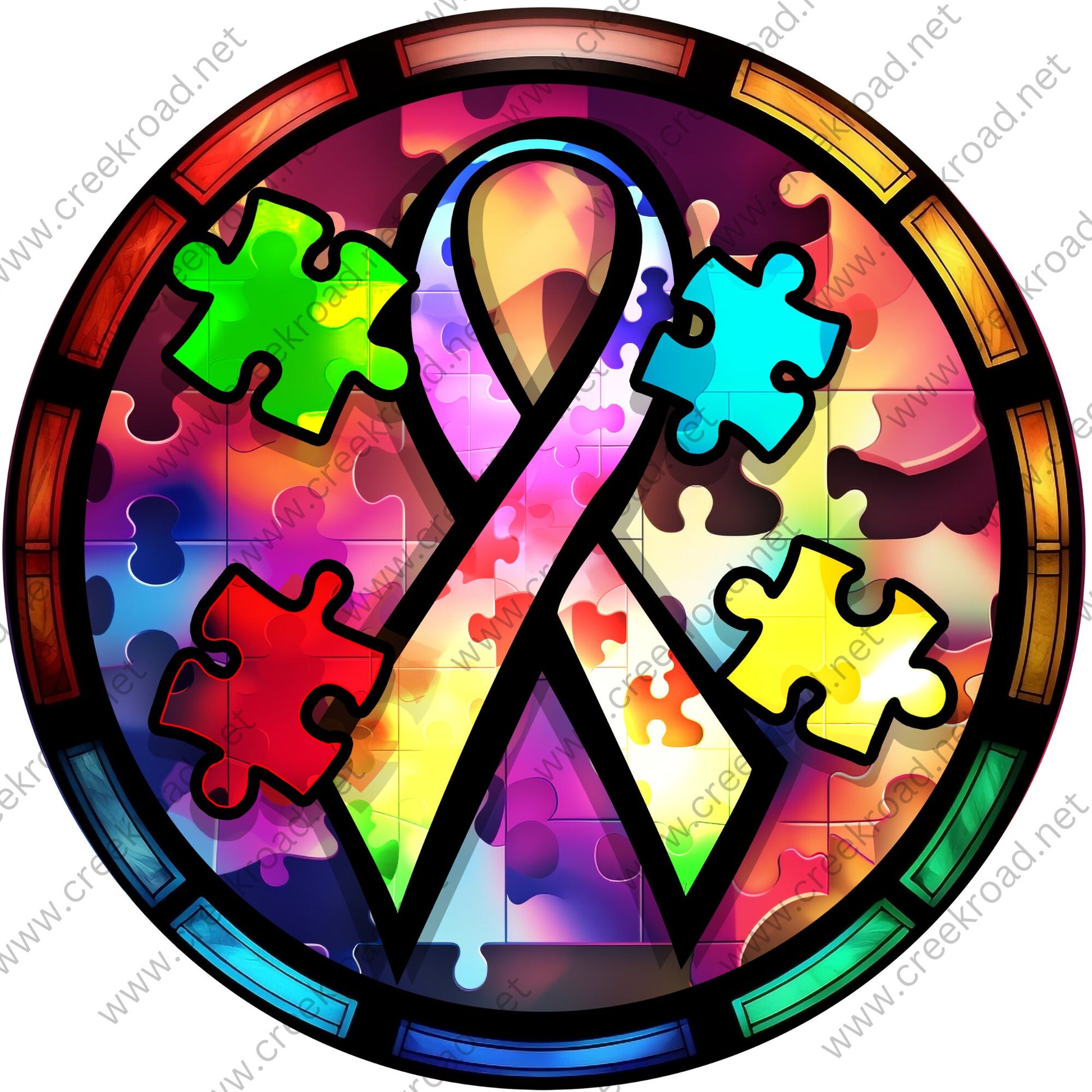 Autism Awareness Wreath Sign-Puzzle Pieces-Multi Color-Sublimation-Round-Decor