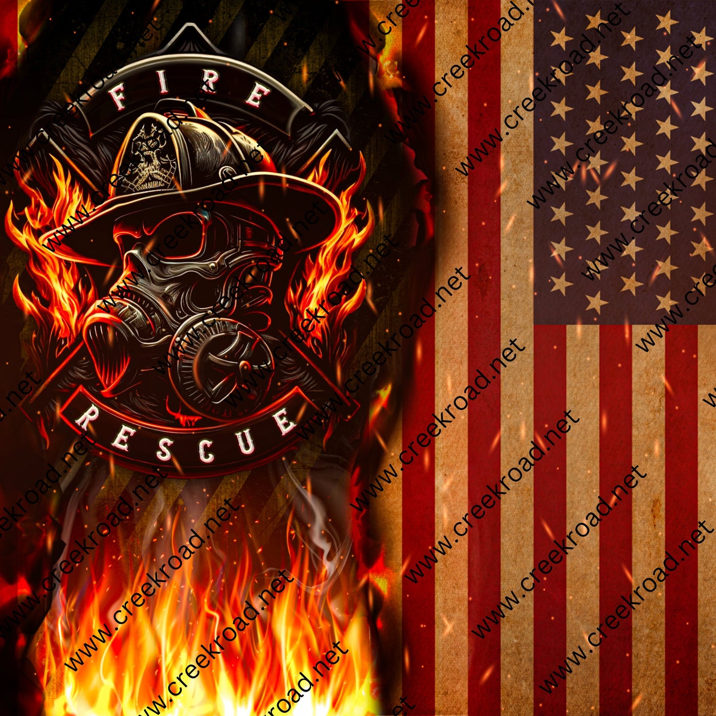 Masked Firefighter Fire Rescue with Burning American Flag Background Wreath Sign 10" x 10" Square-Sublimation-Occupational-Everyday-Decor