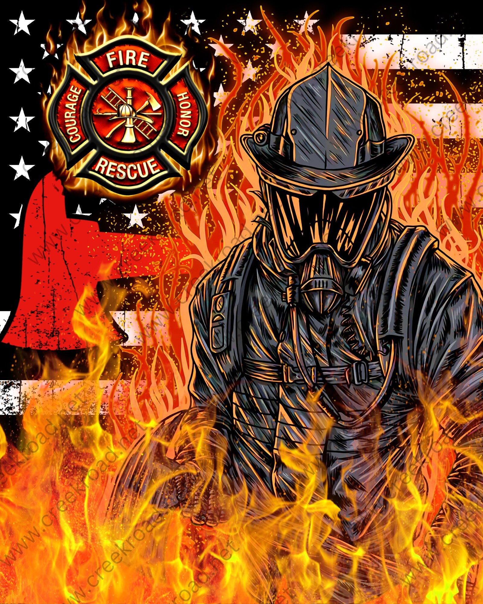 Masked Firefighter Fire Rescue with Burning American Flag Background Wreath Sign 8" x 10" Square-Sublimation-Occupational-Everyday-Decor