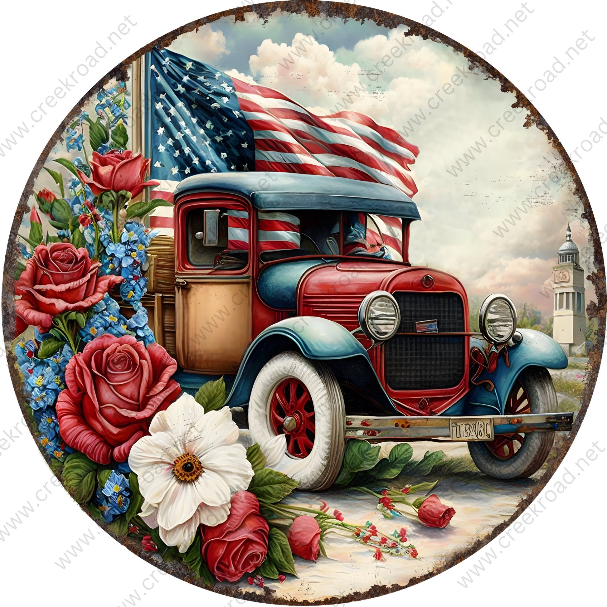 Patriotic Vintage Car Red White Roses American Flag with Faux Rusted Border Wreath Sign-Round-Spring-Sublimation-Aluminum-Attachment-Decor