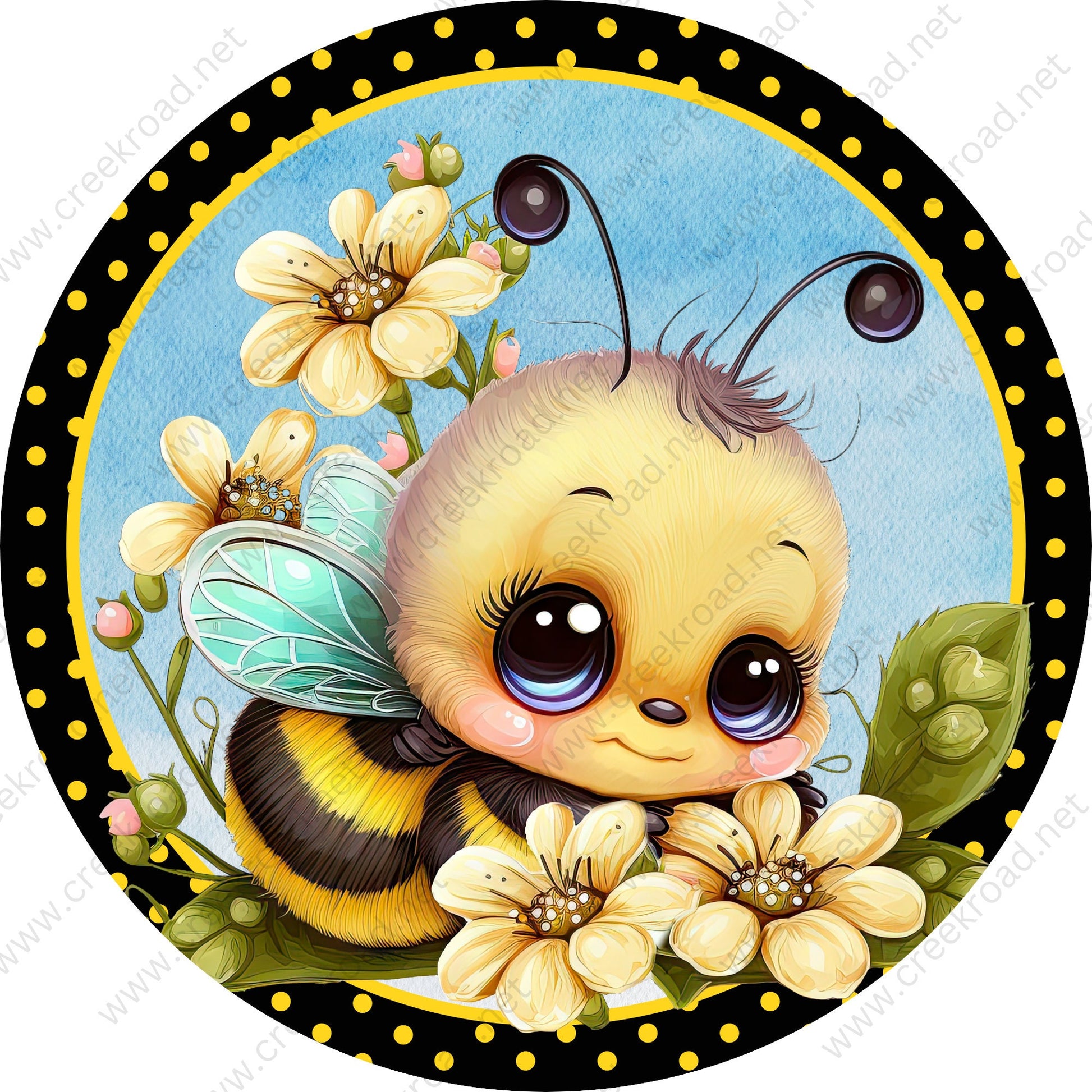 Cute Spring Bee with Blue Sky Background Black Yellow Polka Dot Border Wreath Sign-Sublimation-Round-Spring-Summer-Decor