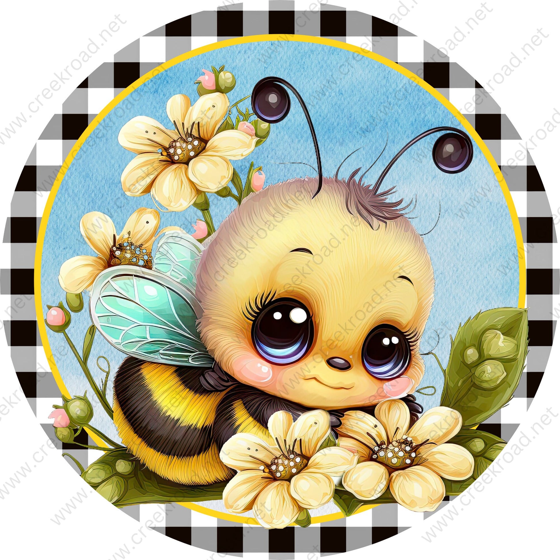 Cute Spring Bee with Blue Sky Background Black White Checkered Border Wreath Sign-Sublimation-Round-Spring-Summer-Decor