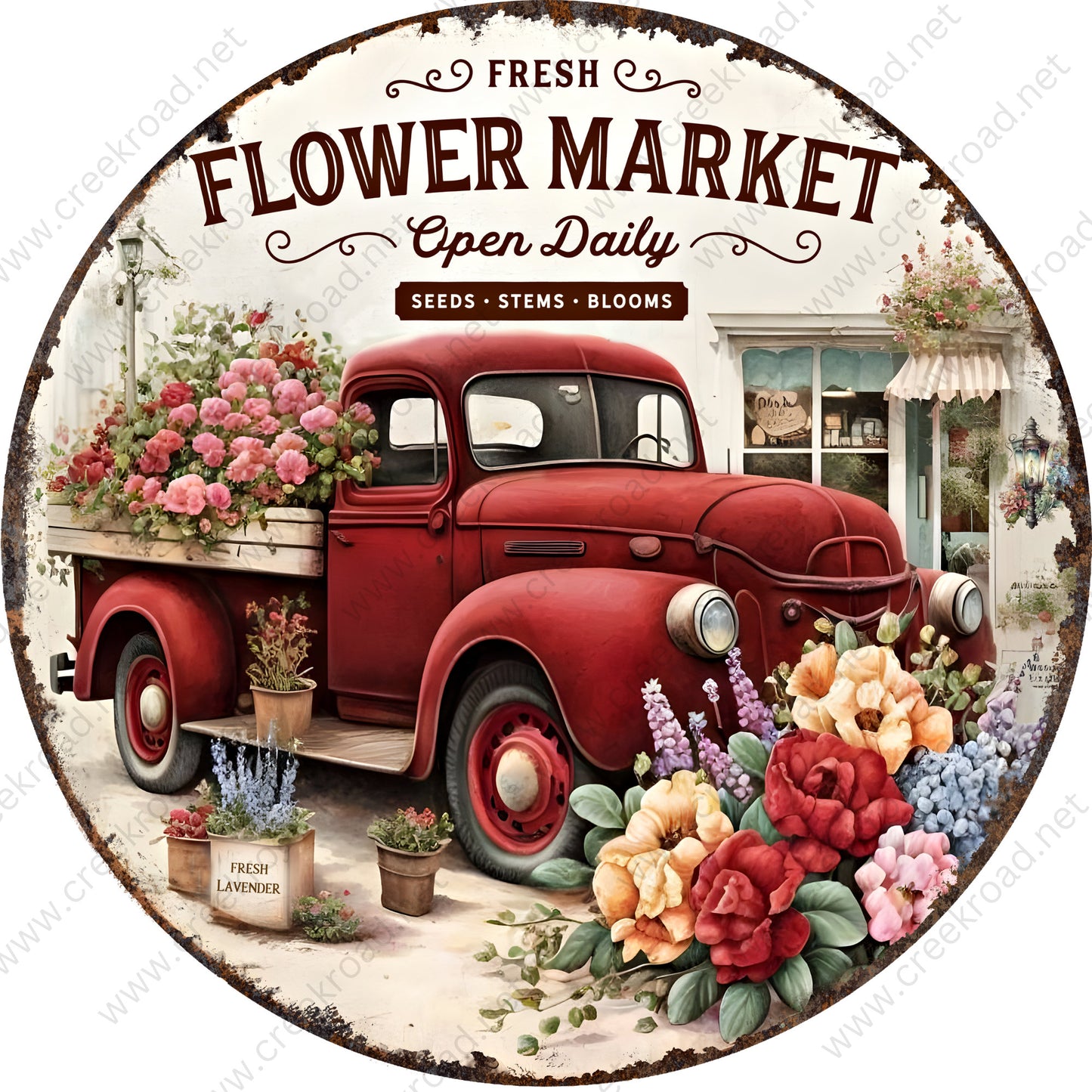 Vintage Red Truck Flower Market with Faux Rusted Border Wreath Sign-Sublimation-Round-Spring-Summer-Decor