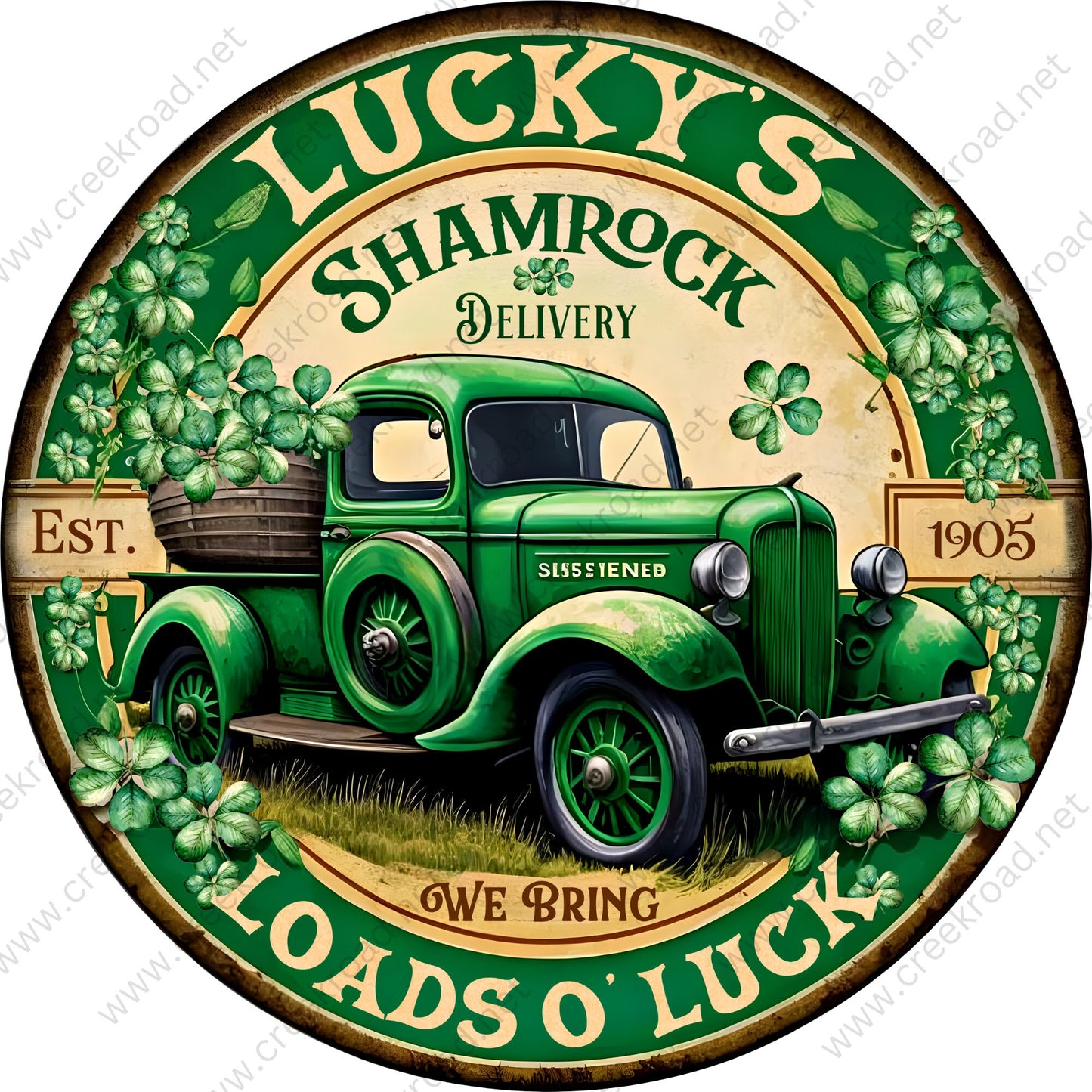 Lucky's Shamrock Delivery Loads O' Luck Green Antique Truck Wreath Sign-St Patrick's-Sublimation-Decor-Aluminum-Attachment