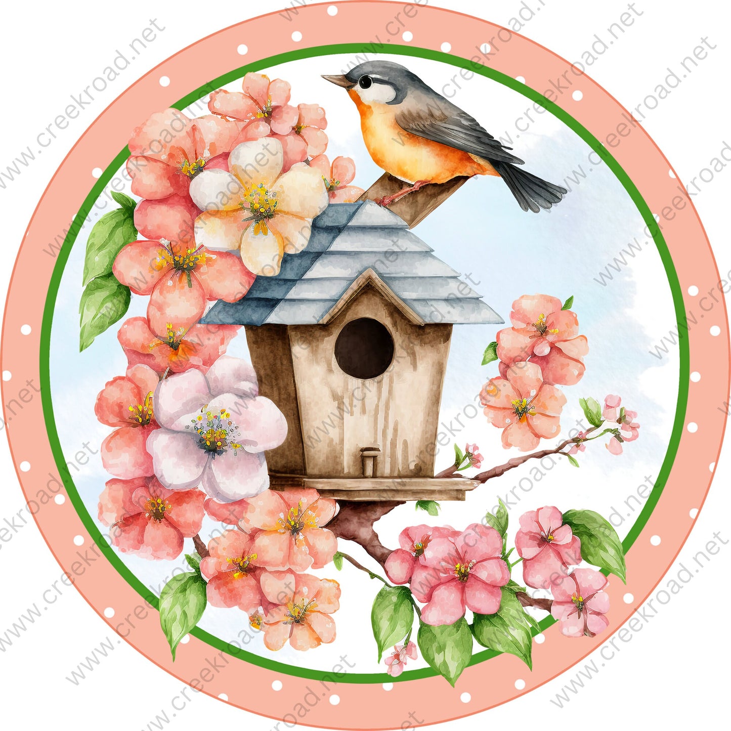 Hello Spring Bird on Birdhouse with Peach Pink Flowers-Peach White Polka Dot Border Wreath Sign-PICK YOUR FINISH-Spring-Decor