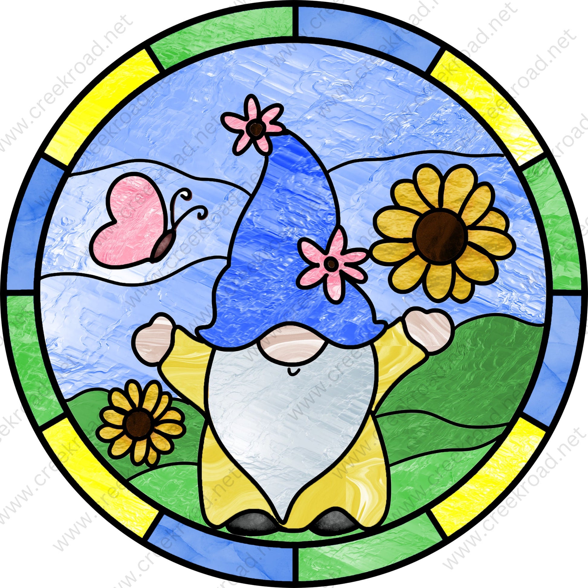 Spring Gnome with Sunflowers Butterfly Yellow Blue Green Border Wreath Sign-Sublimation-Aluminum-Round-Spring-Summer-Decor