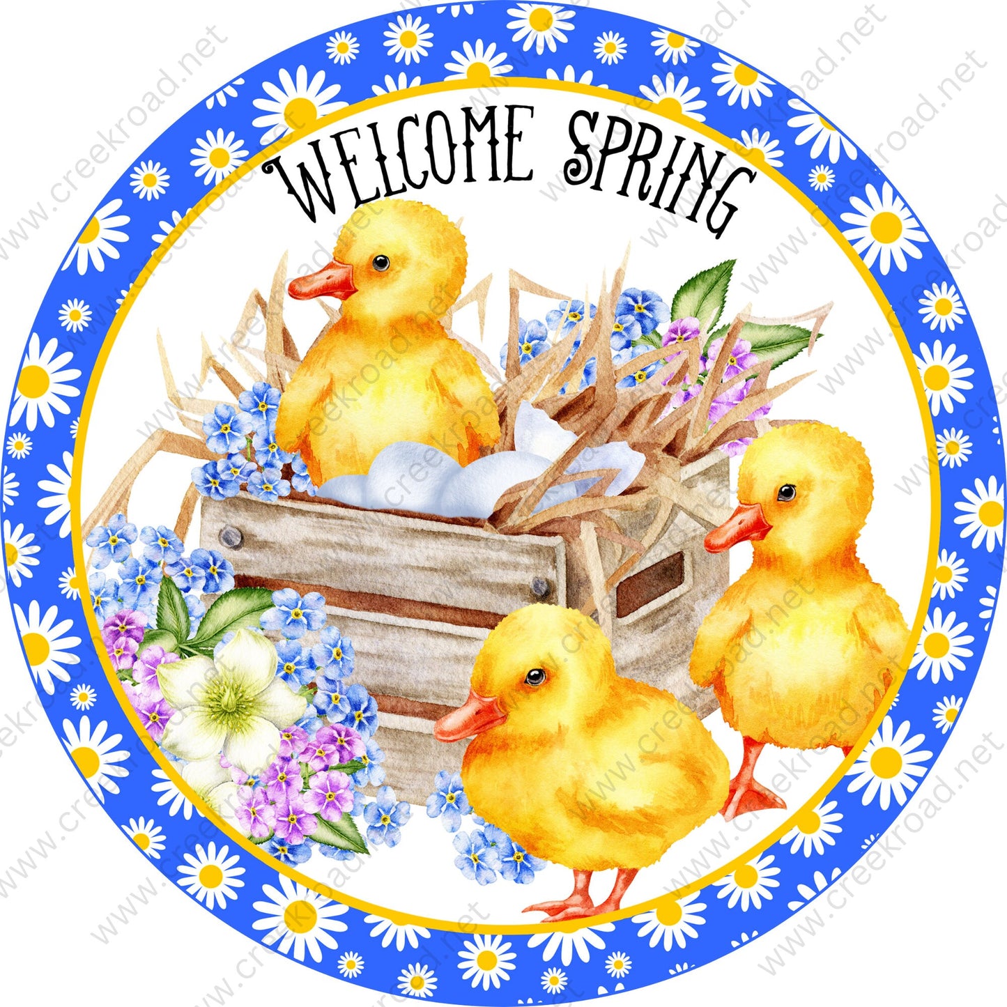 Welcome Spring Baby Ducklings in Crate Spring Flowers White Yellow Daisy Border Wreath Sign-Sublimation-Aluminum-Round-Spring-Summer-Decor