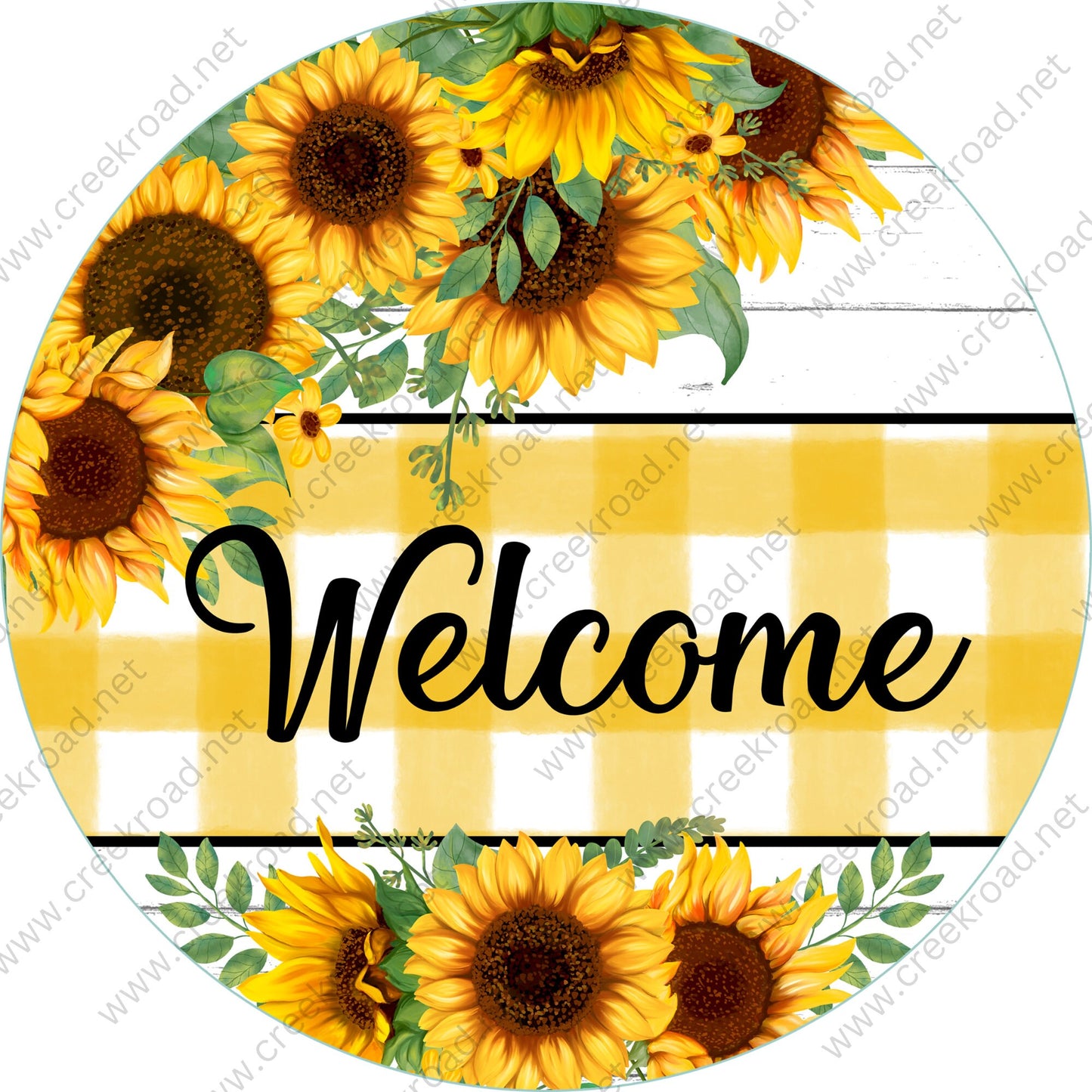 Welcome with Bunch of Sunflowers on Shiplap with Yellow White Checkered Wreath Sign-Sublimation-Spring-Summer-Decor