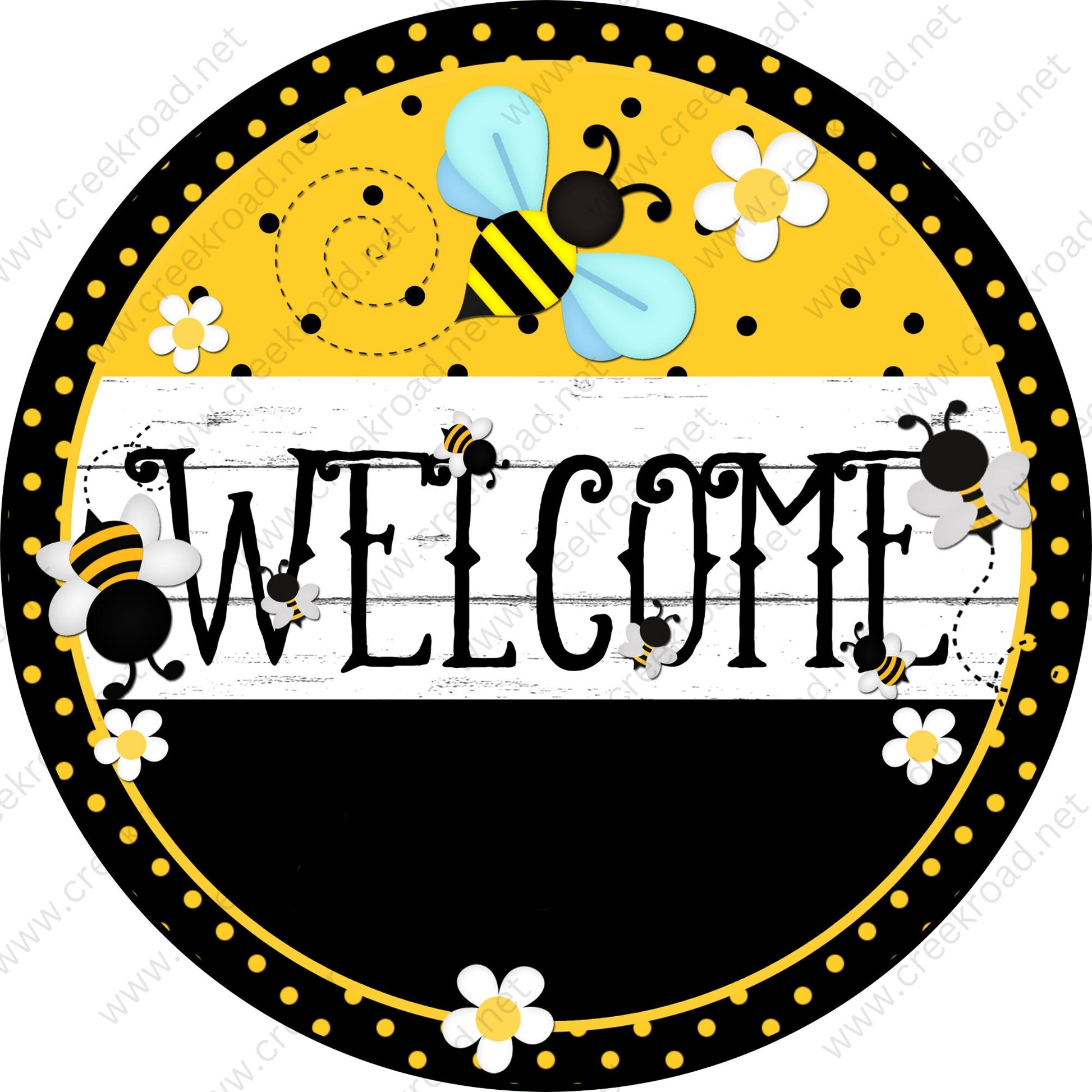 Welcome Spring Bumble Bees Flowers on Black with Yellow Polka Dot Border Wreath Sign-Sublimation-Aluminum-Round-Summer-Decor