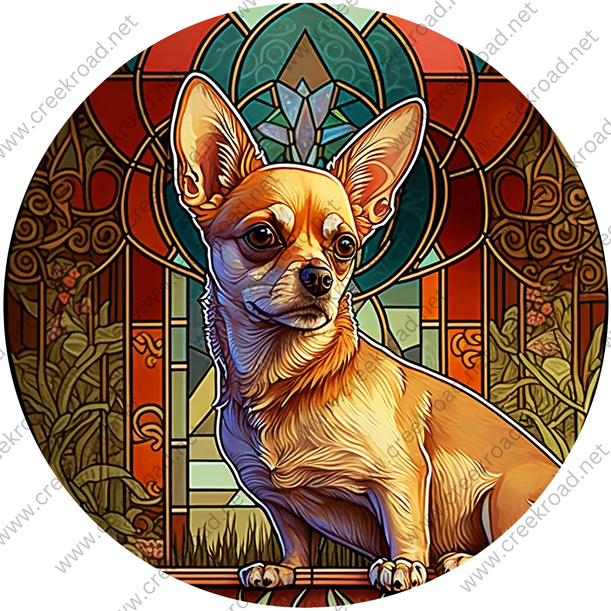 Brown Chihuahua FAUX Stained Glass Wreath Sign-Round-Everyday-Spring-Sublimation-Aluminum-Attachment-Decor