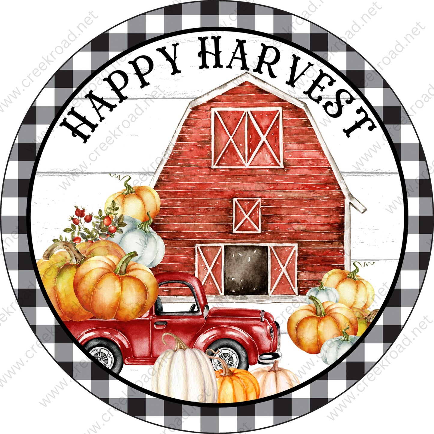 Happy Harvest Red Barn Truck with Pumpkins Black White Gingham Wreath Sign - Autumn Fall- Wreath Sign - Sublimation Sign - Wreath Attachment