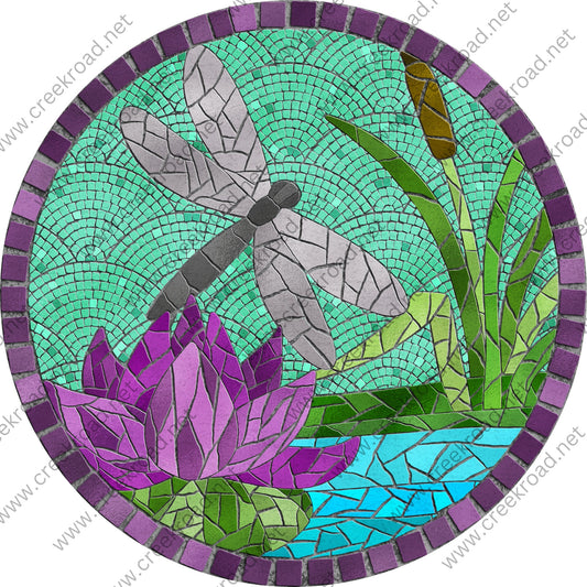 Spring Dragonfly on Coastal Waters Purple Green Faux Mosaic Wreath Sign-Sublimation-Round-Attachment-Decor