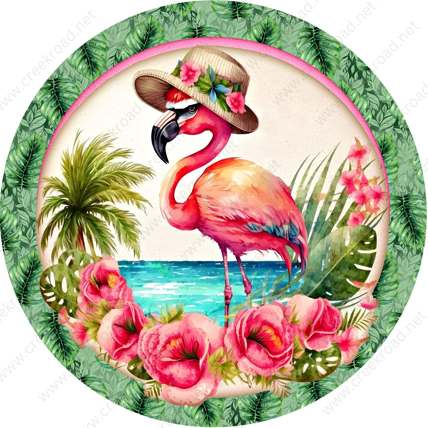 Summer Flamingo in Tropical Paradise with Pink Flowers Wreath Sign-Sublimation-Beach-Round-Decor