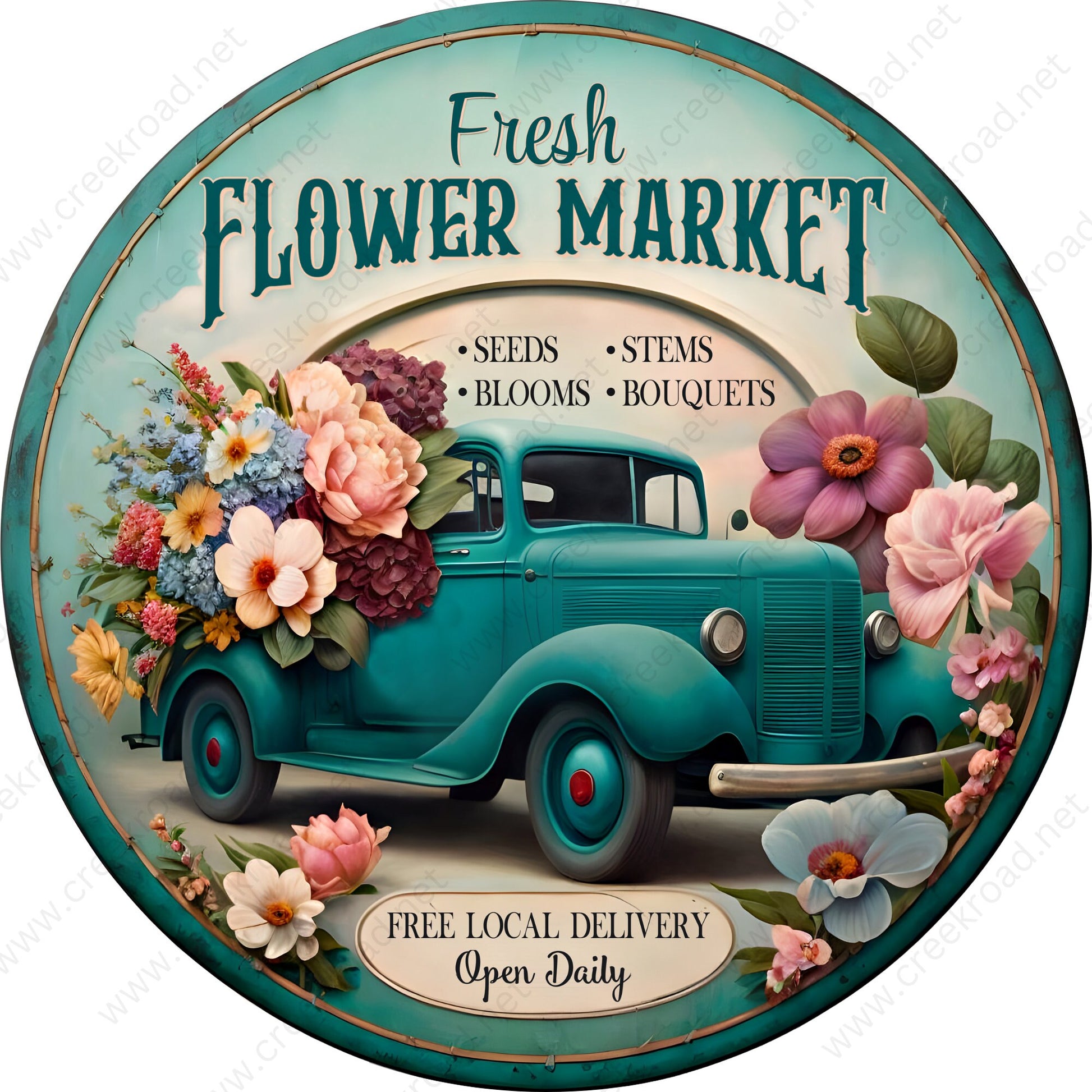 Fresh Flower Market Open Daily Green Vintage Truck Wreath Sign-Sublimation-Beach-Round-Decor