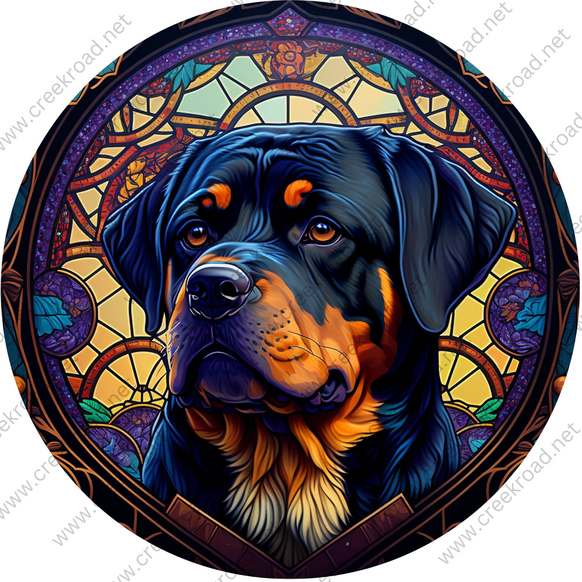 Black Rottweiler with Colorful Floral Background FAUX Stained Glass Wreath Sign-Round-Everyday-Spring-Sublimation-Aluminum-Attachment-Decor