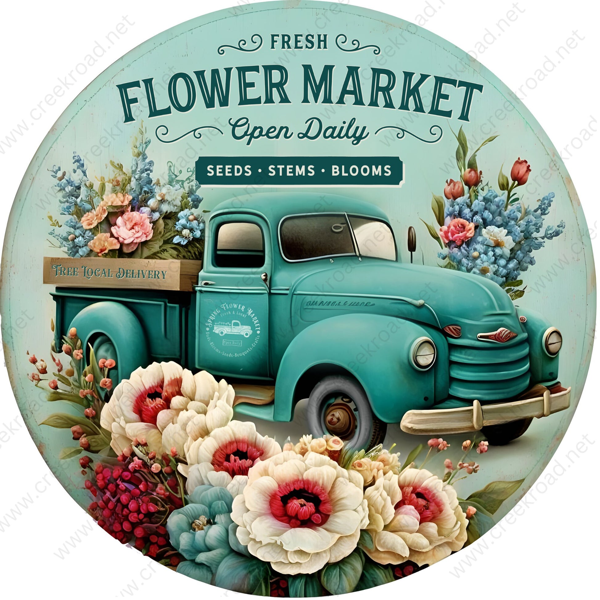 Vintage Teal Truck Fresh Flower Market Spring Florals Wreath Sign-Sublimation-Round-Spring-Summer-Decor