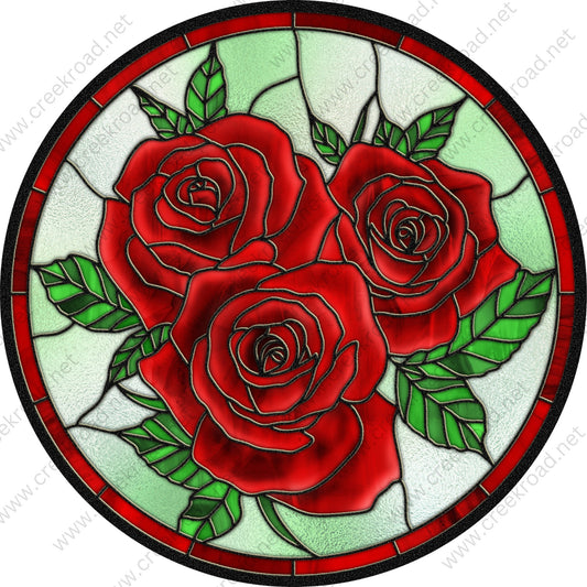 Red Roses Faux Stained Glass with Blue Border Wreath Sign-Sublimation-Round-Spring-Summer-Decor