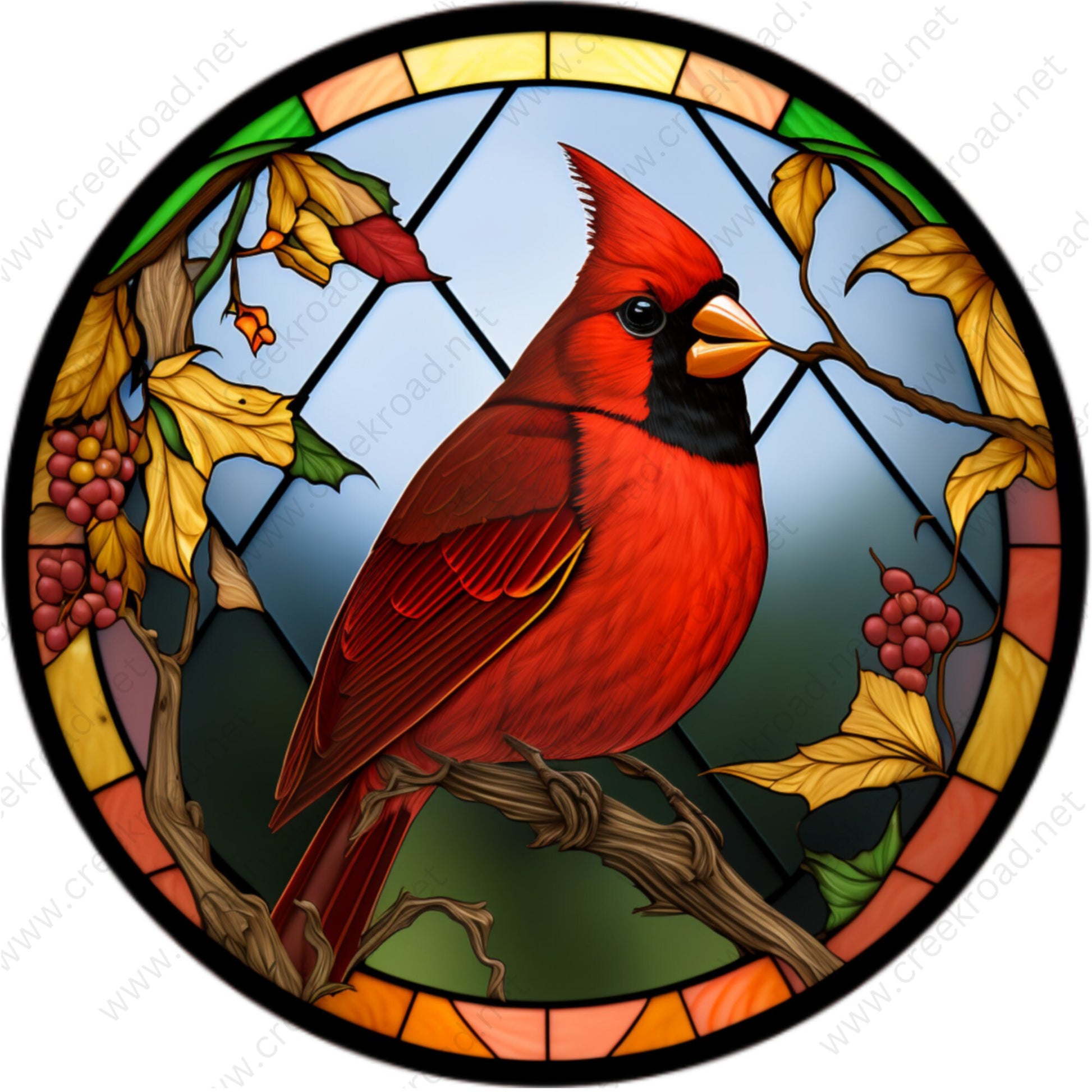 Red Cardinal on Branch Faux Stained Glass Wreath Sign-Round-Sublimation-Everyday-Spring-Decor