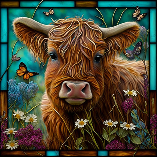 Brown Highland Cow in Flower Pasture Wreath Sign 10" x 10" Square-Sublimation-Decor-Everyday