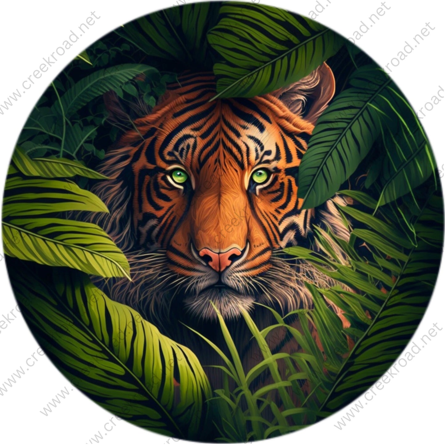 Green Eyed Tiger Watching from the Jungle Wreath Sign-Round-Sublimation-Everyday-attachment-Decor