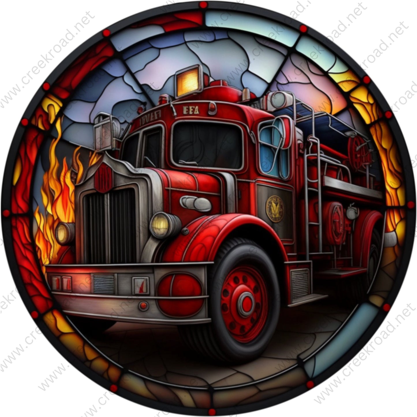 Red Fire Truck Faux Stained Glass Wreath Sign-Round-Sublimation-Everyday-attachment-Decor