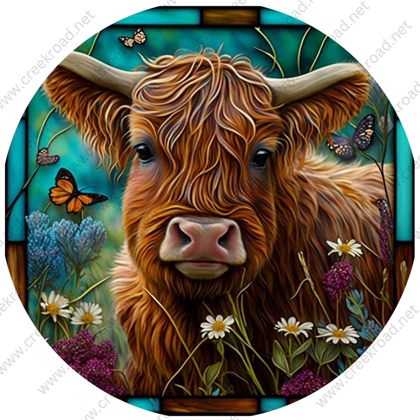 Brown Highland Cow in Flower Pasture Wreath Sign-Round-Sublimation-Decor-Everyday