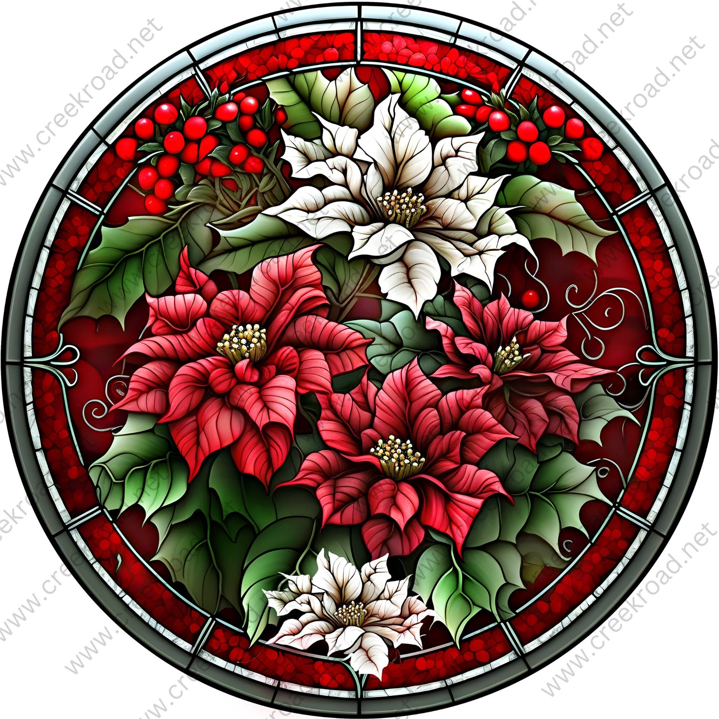 Beautiful Red White Christmas Poinsettias Holly Faux Stained Glass Wreath Sign-Sublimation-Round-Christmas-Decor