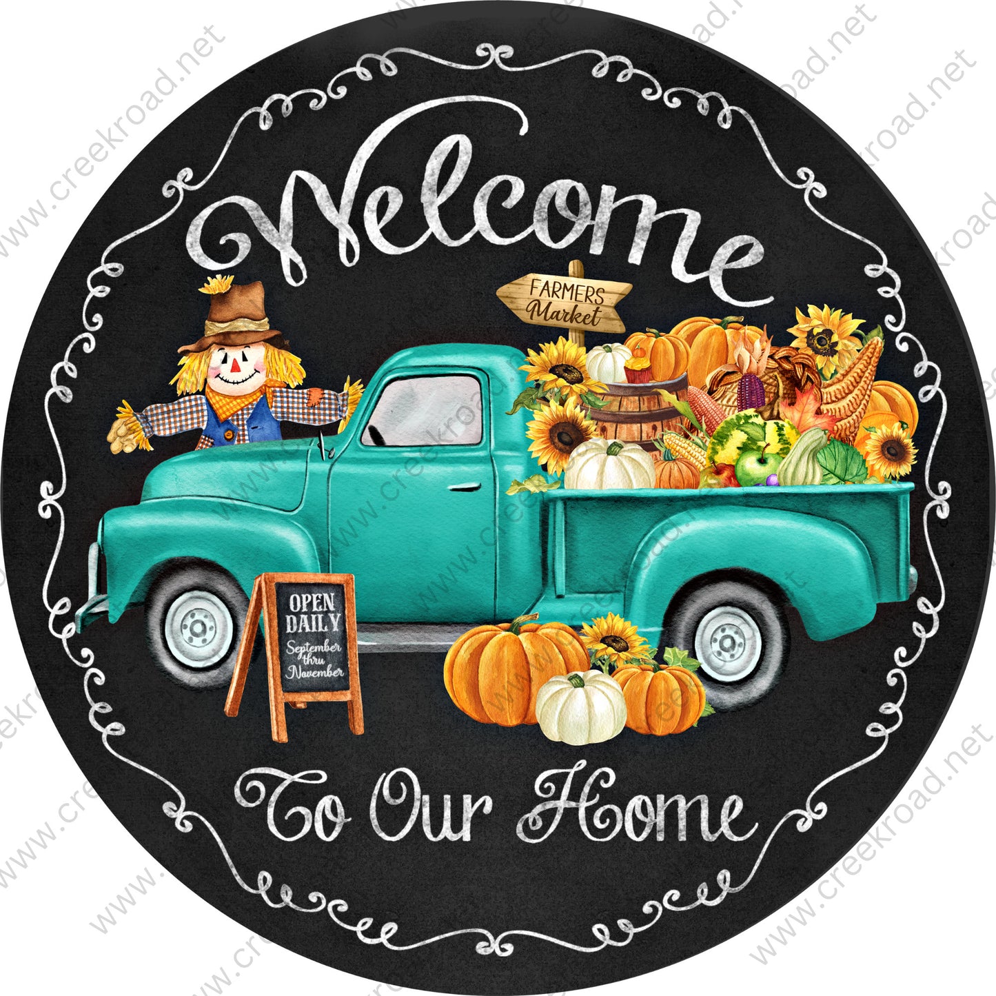 Welcome To Our Home Teal Antique Truck Fall Pumpkins Scarecrows Wreath Sign-Sublimation-Attachment-Round-Decor