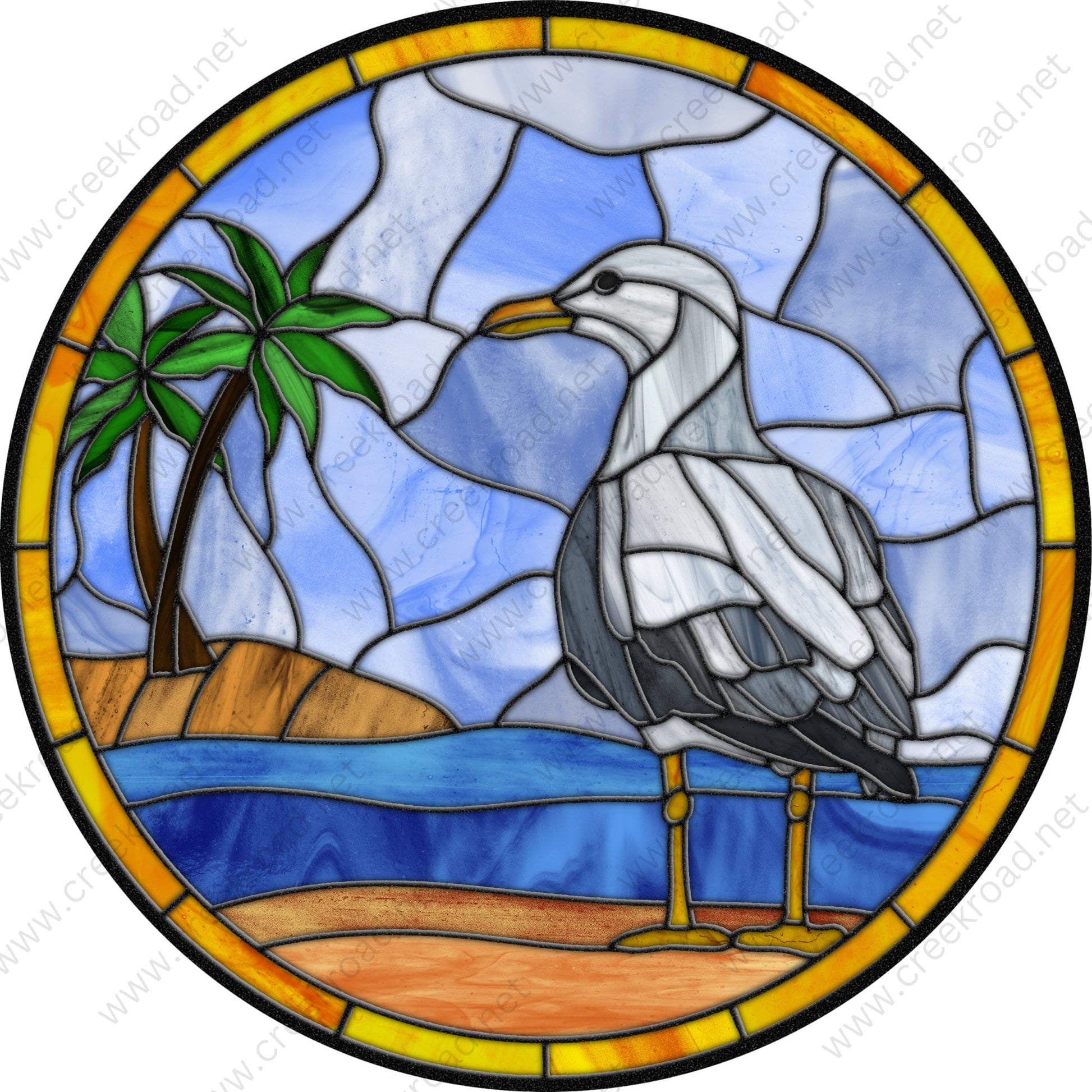 Resting Seagull On Tropical Island Faux Stained Glass Wreath Sign-Blue Yellow Grey-Everyday-Wreath Sign-Sublimation Sign-Wreath Attachment