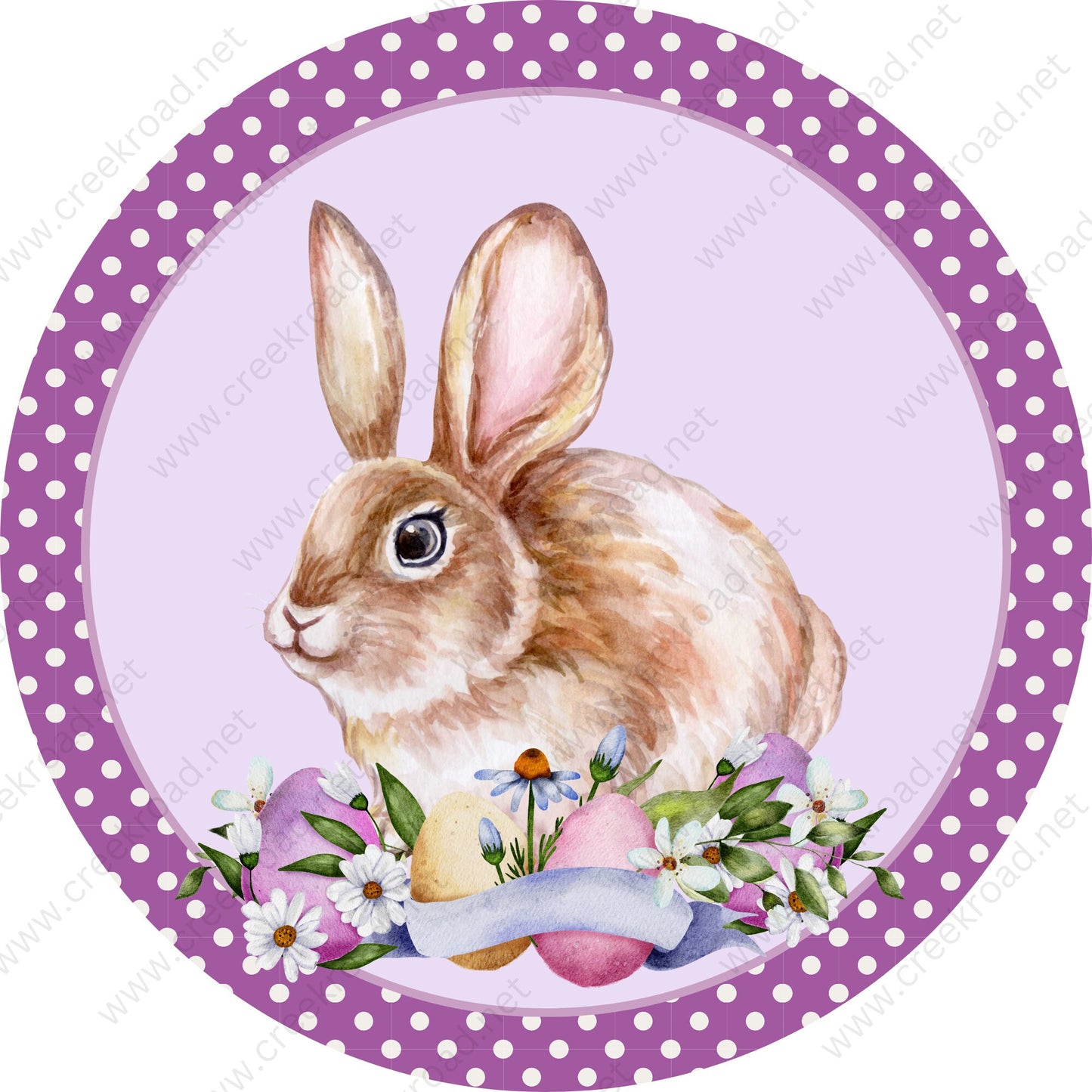 Easter Bunny Eggs in Florals Purple Polka Dot Border Lavender Background Blank Wreath Sign - Sublimation - Easter- Metal - Sign