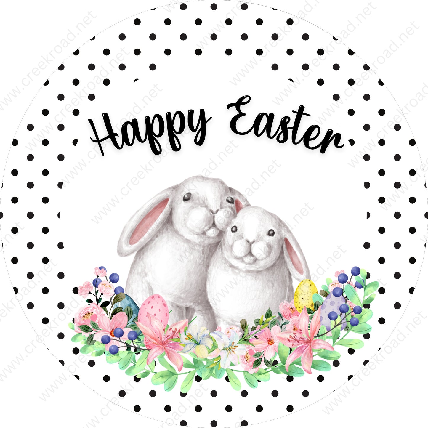 Happy Easter Bunny Love In The Grass Easter Eggs Black Polka Dot Border Wreath Sign - Sublimation - Easter- Metal - Sign