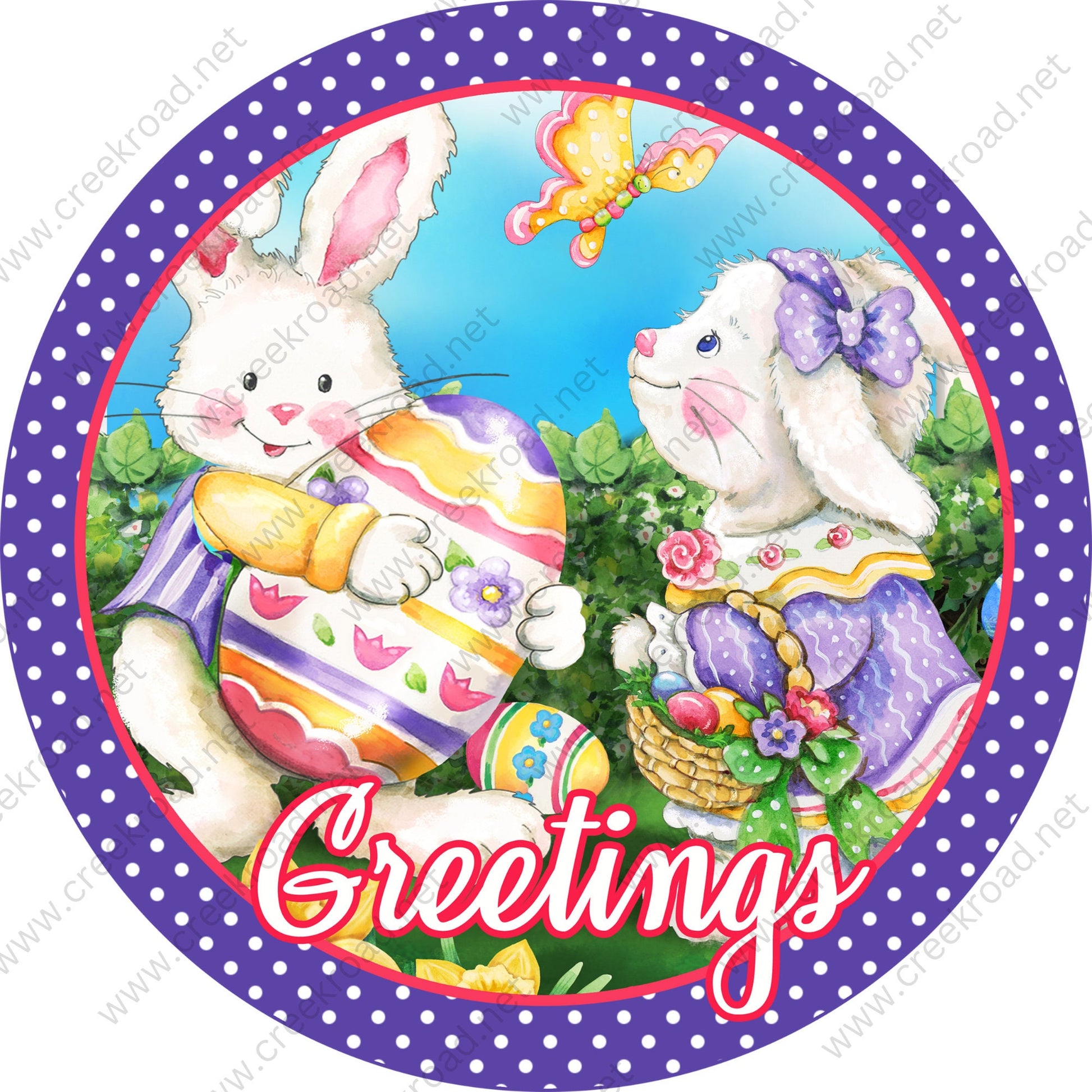 Easter Greetings Bunnies on an Egg Hunt Purple White Polka Dot Border-Sublimation-Wreath Sign-Attachment