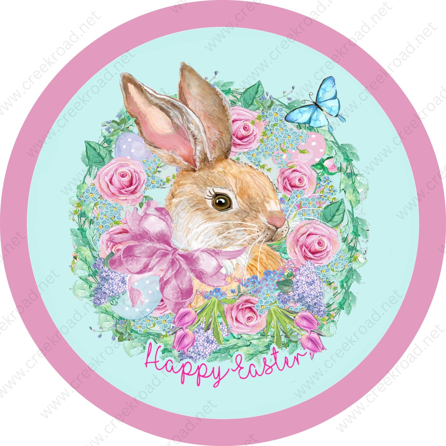 Happy Easter Bunny in Florals With Pink Bow Wreath Sign - Sublimation - Easter- Metal - Sign