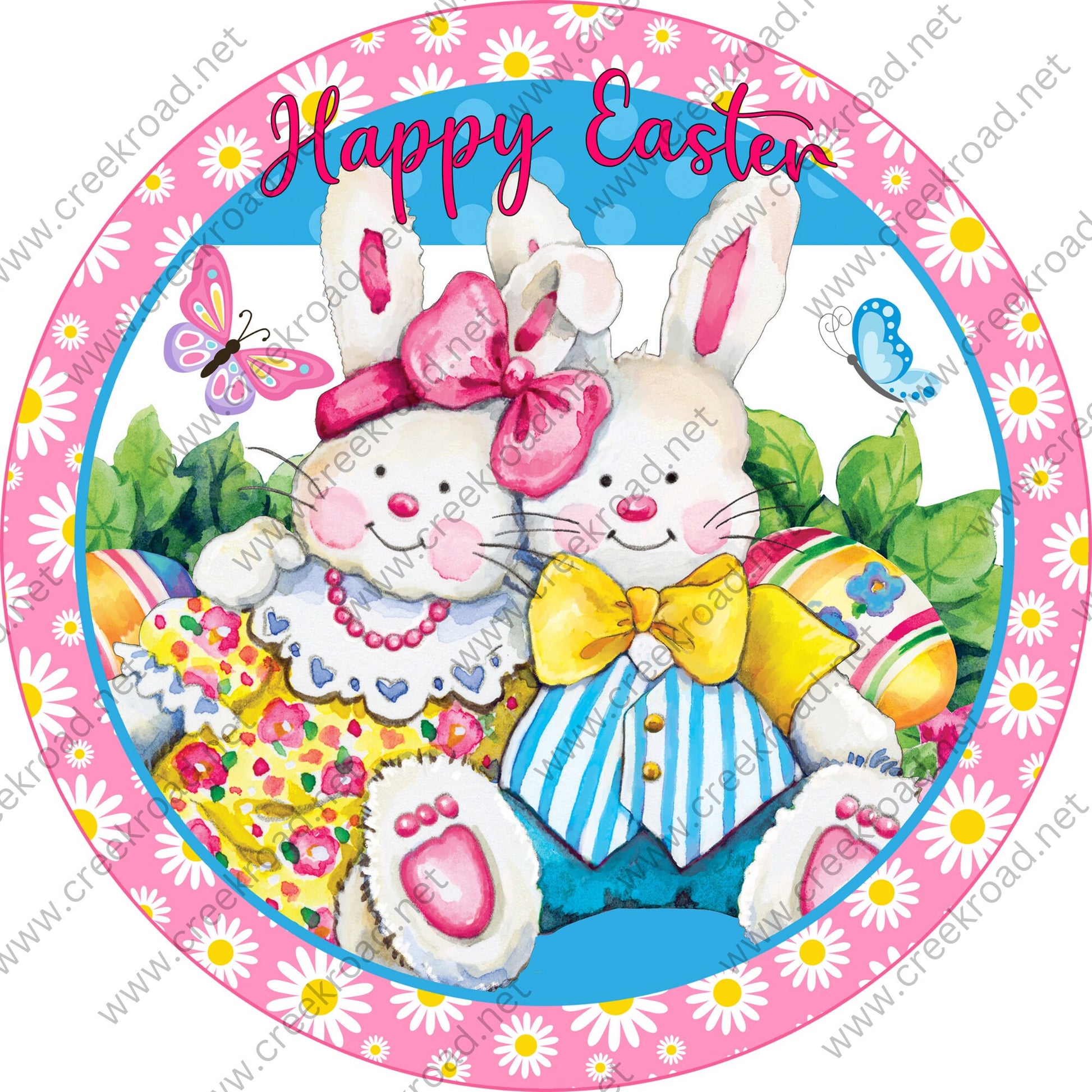 Happy Easter Bunnies in the Carrot Patch Butterflies Easter Eggs with Pink Daisy Border-Sublimation-Wreath Sign-Attachment