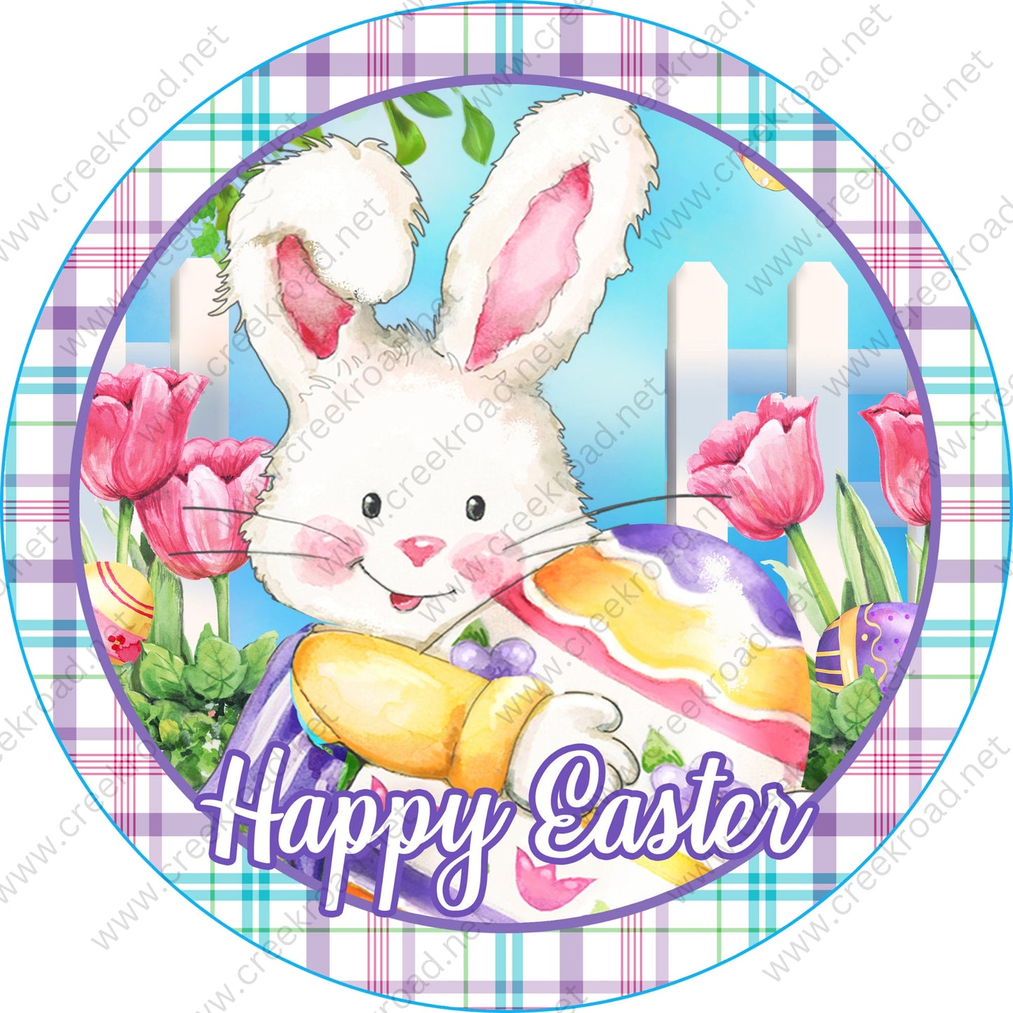 Happy Easter Bunny Holding Egg in Flower Garden with Plaid Border-Sublimation-Wreath Sign-Attachment