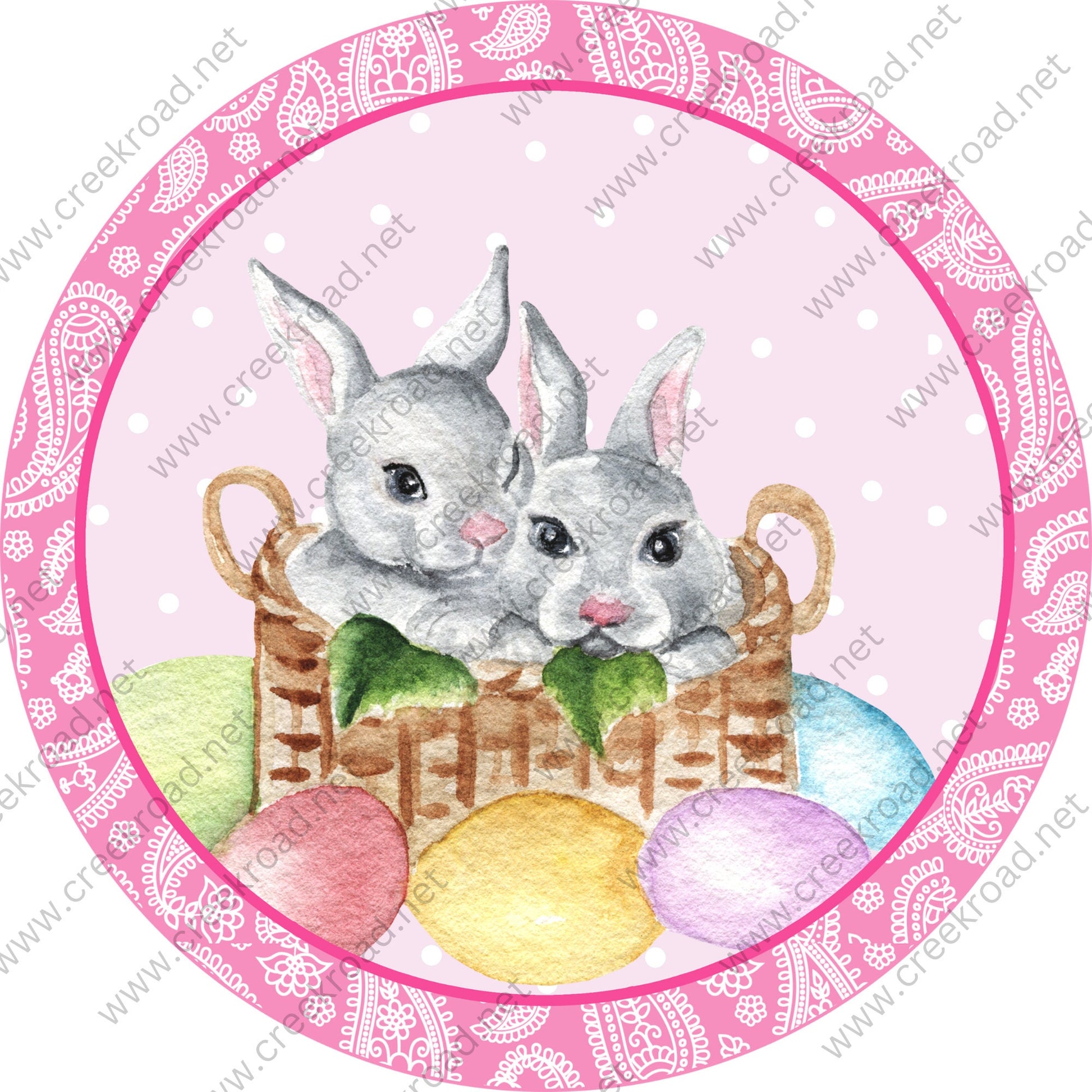 Basket full of Bunnies with Pastel Eggs Pink Paisley Border-Easter-Sublimation-Wreath Sign-Attachment