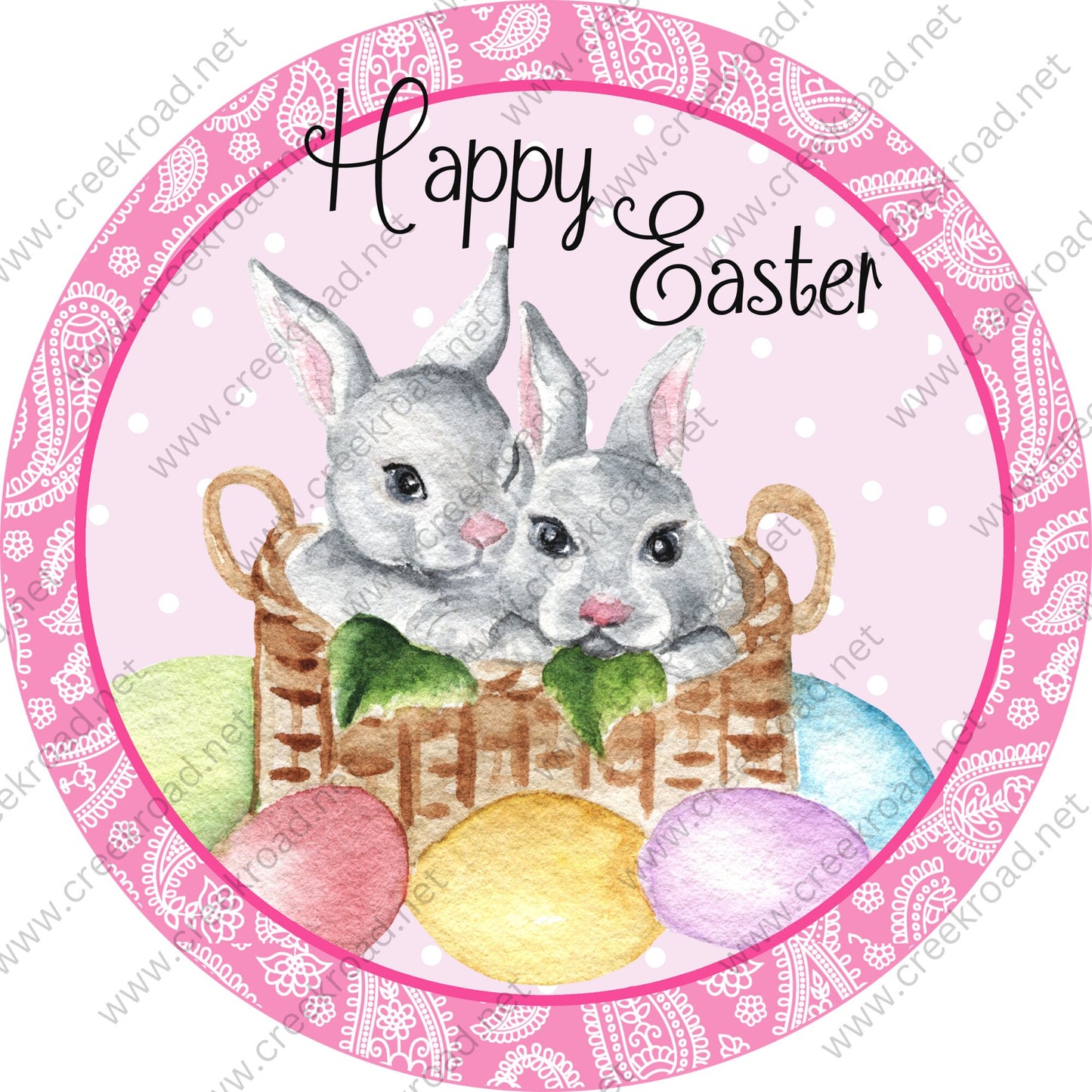 Happy Easter Basket full of Bunnies with Pastel Eggs Pink Paisley Border-Easter-Sublimation-Wreath Sign-Attachment