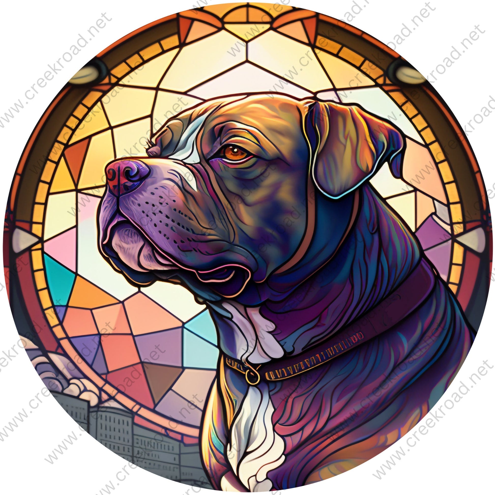 Pit Bull FAUX Stained Glass Wreath Sign-Round-Everyday-Spring-Sublimation-Aluminum-Attachment-Decor