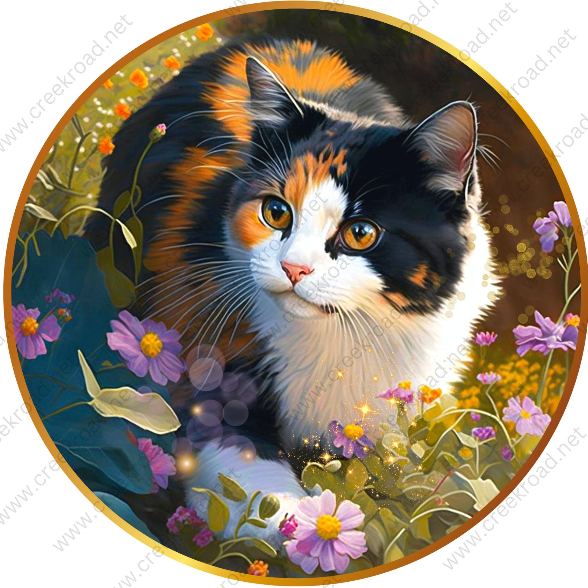 Orange Black Calico Cat Tortoiseshell Cat FAUX Stained Glass Wreath Sign-Round-Everyday-Spring-Sublimation-Aluminum-Attachment-Decor