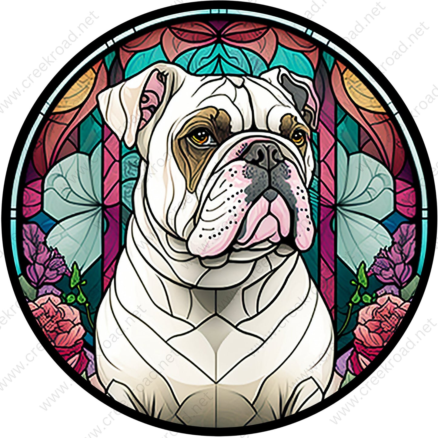 White English Bulldog FAUX Stained Glass Wreath Sign-Round-Everyday-Spring-Sublimation-Aluminum-Attachment-Decor