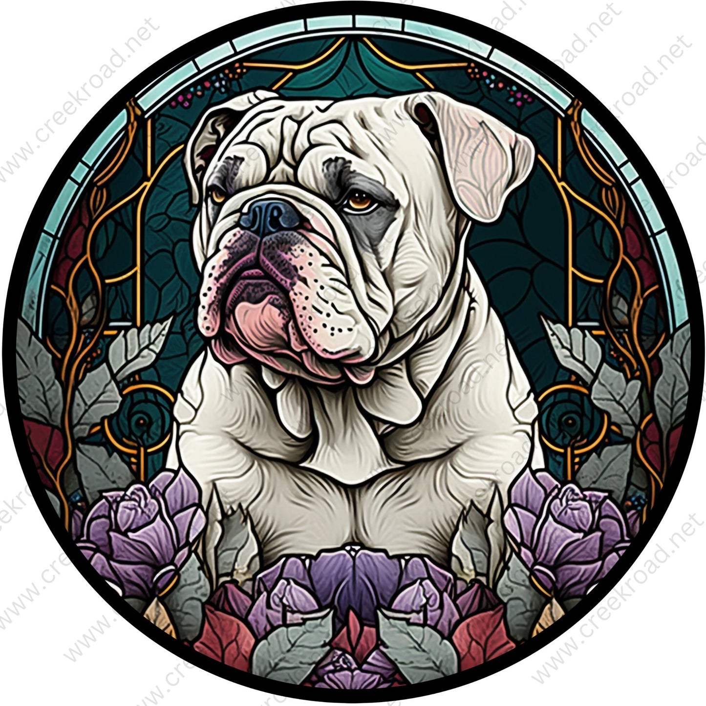 White English Bulldog FAUX Stained Glass Wreath Sign-Round-Everyday-Spring-Sublimation-Aluminum-Attachment-Decor