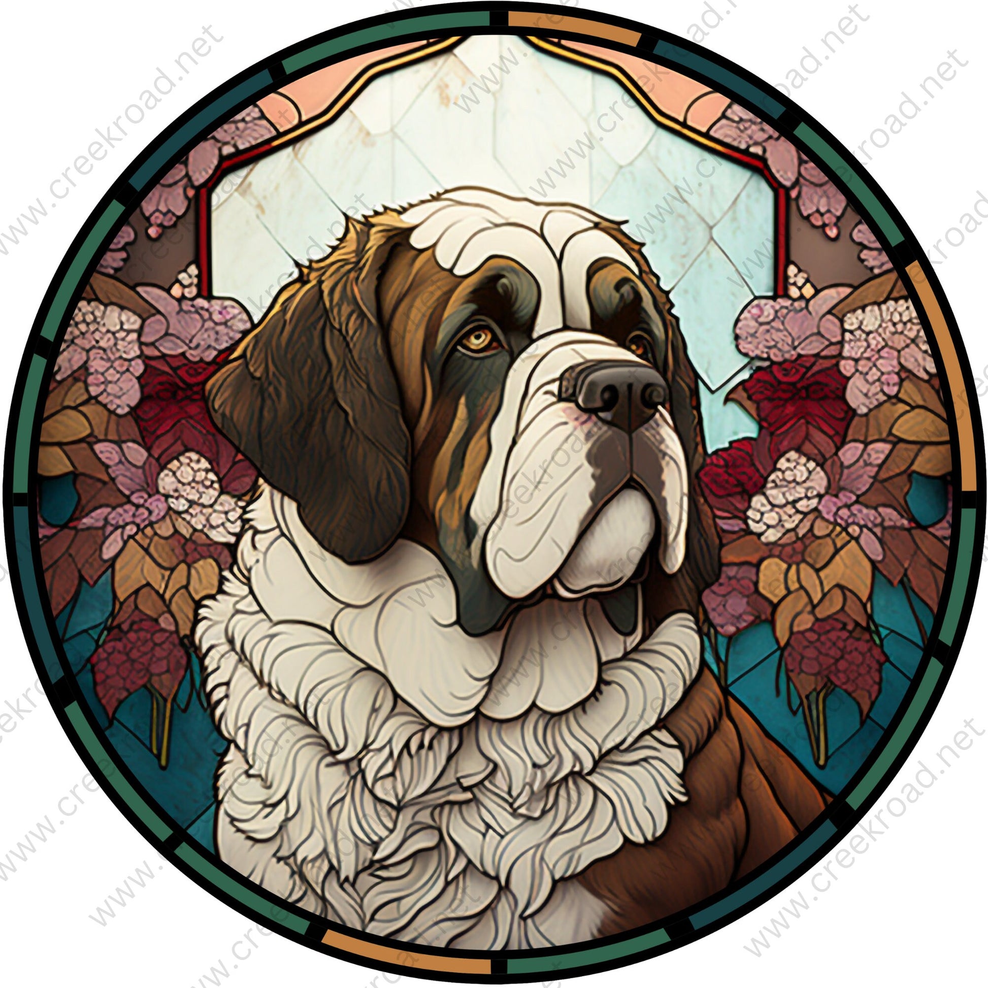 Saint Bernard FAUX Stained Glass Wreath Sign-Round-Everyday-Spring-Sublimation-Aluminum-Attachment-Decor