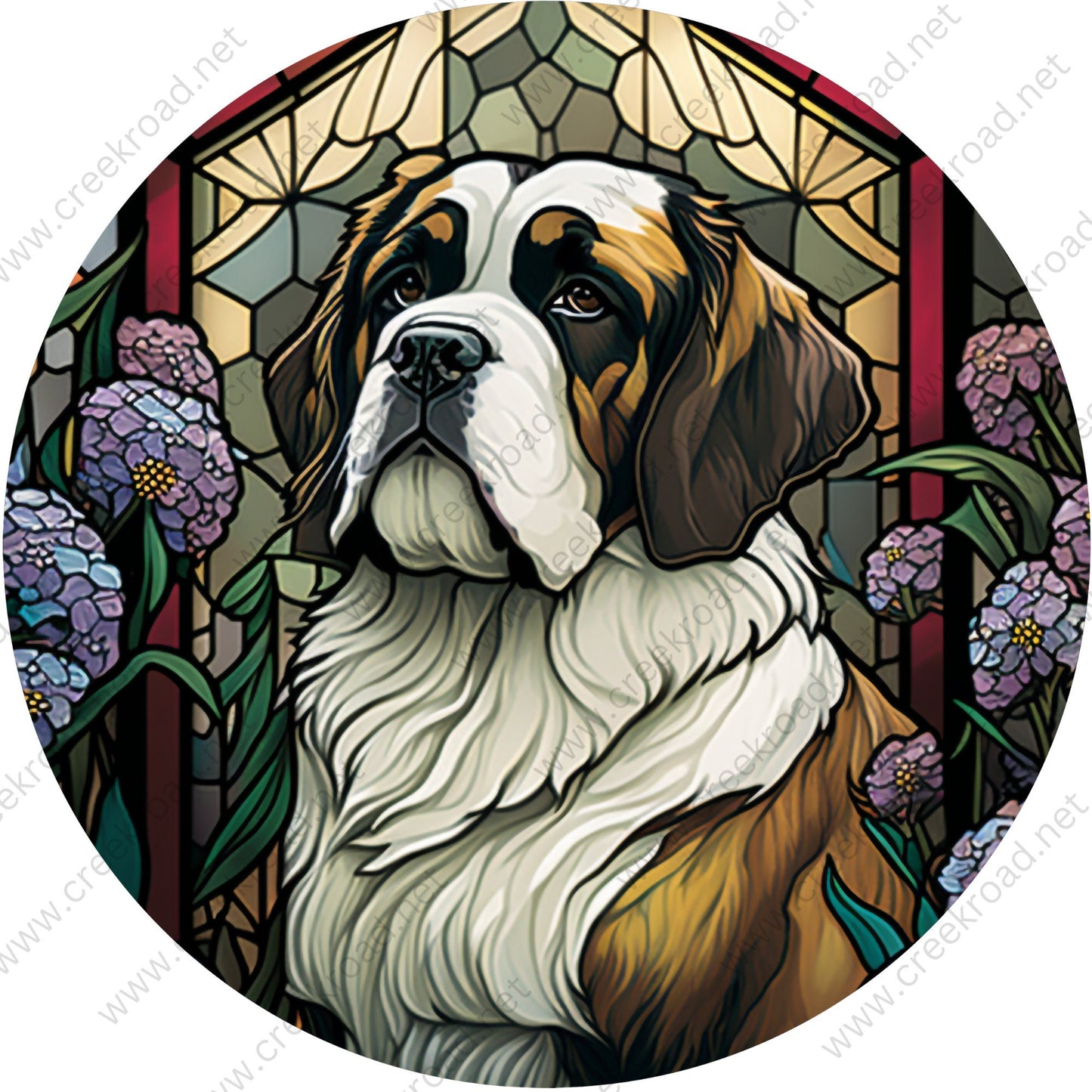 Saint Bernard FAUX Stained Glass Wreath Sign-Round-Everyday-Spring-Sublimation-Aluminum-Attachment-Decor