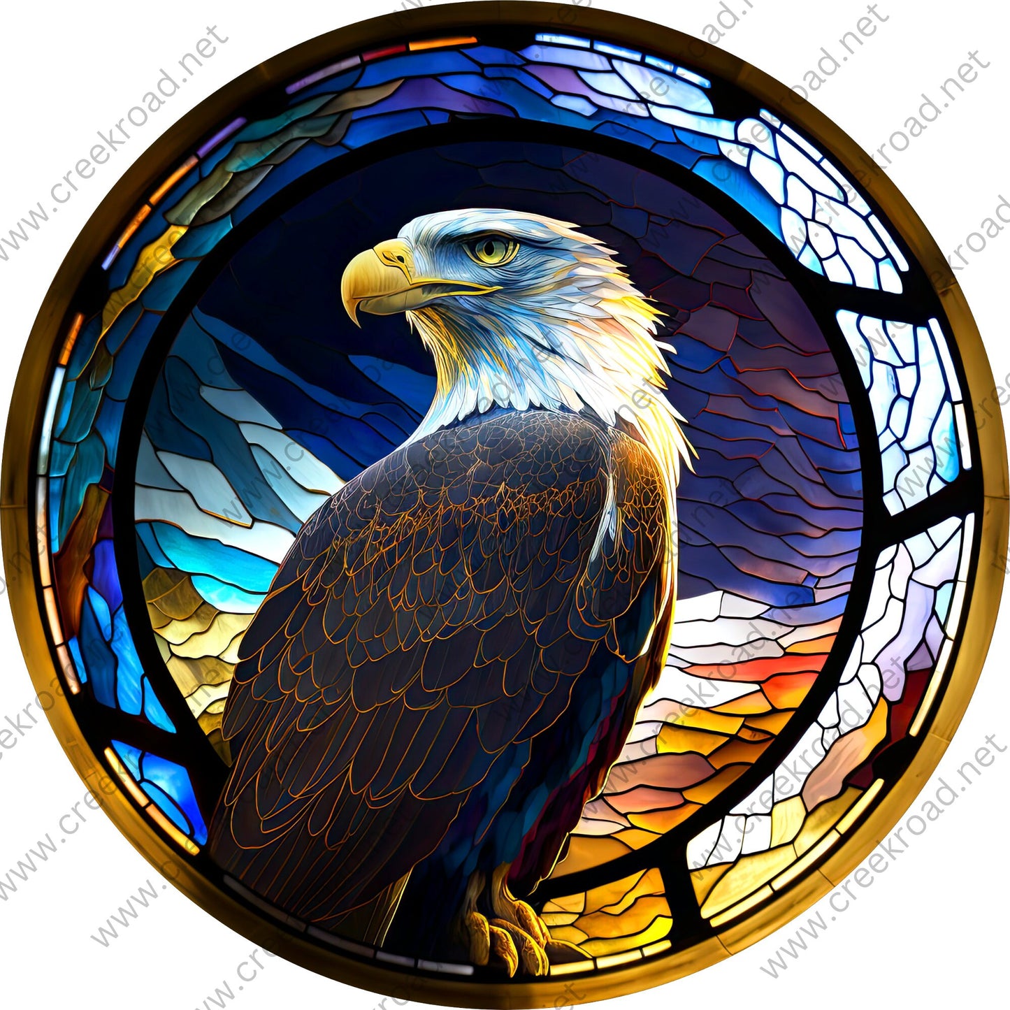 Fierce American Bald Eagle Perched with Blue Skies FAUX Stained Glass Wreath Sign-Flowers-Everyday-Sublimation-Attachment-Decor