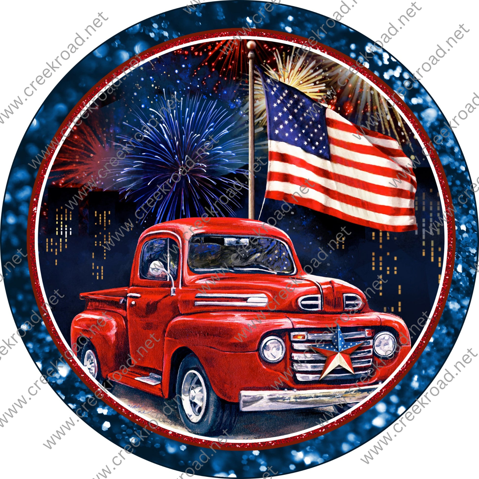 Independence Celebration with Red Truck American Flag Blue Border-Fireworks-Stars Stripes-Wreath Sign-Sublimation Sign-Wreath Attachment